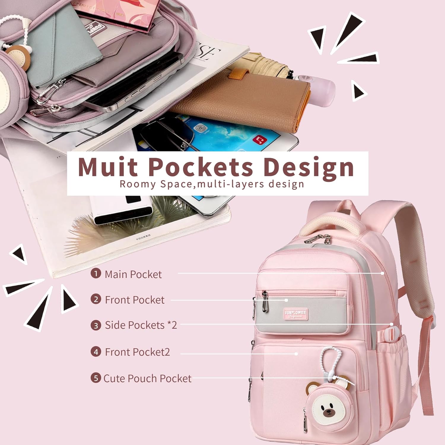 Leaper Preppy Backpack for Teens : 18.5 inch Bookbag Multi-pocket for School Daily -Water Resistant Anti Theft Middle Highschool Student - Aged 10-16 - Gifts for Girls and Kids(Pink)