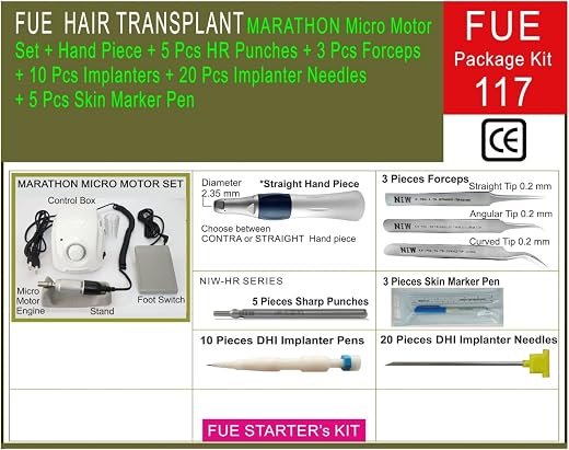 NIW FUE Hair transplant kit 117 Marathon Micro Motor Set, Hand Piece, 5 piece Herris Punch, 3 piece Forceps,10 Pieces Impl...