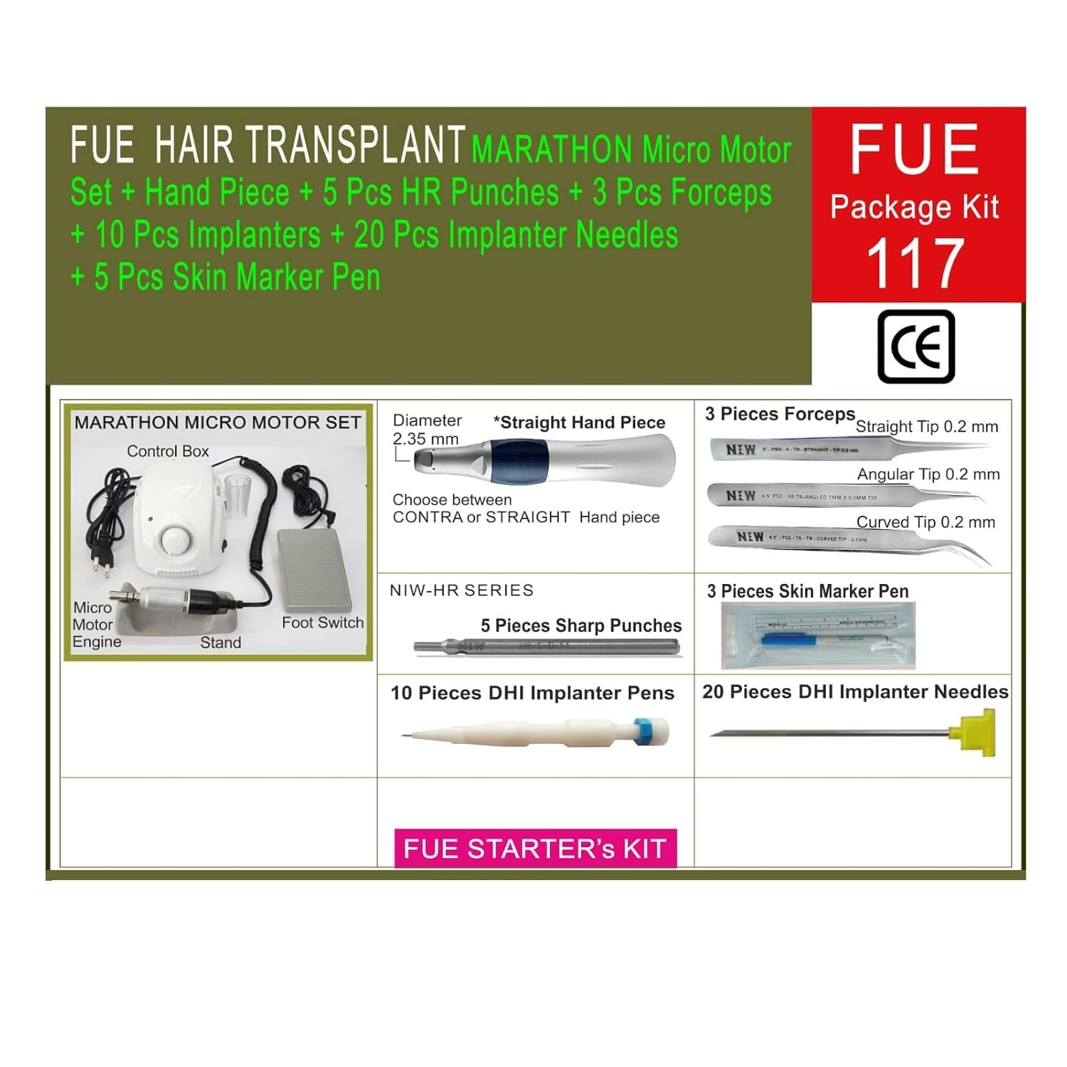 NIW FUE Hair transplant kit 117 Marathon Micro Motor Set, Hand Piece, 5 piece Herris Punch, 3 piece Forceps,10 Pieces Impl... - Review, Price and Buying Guide