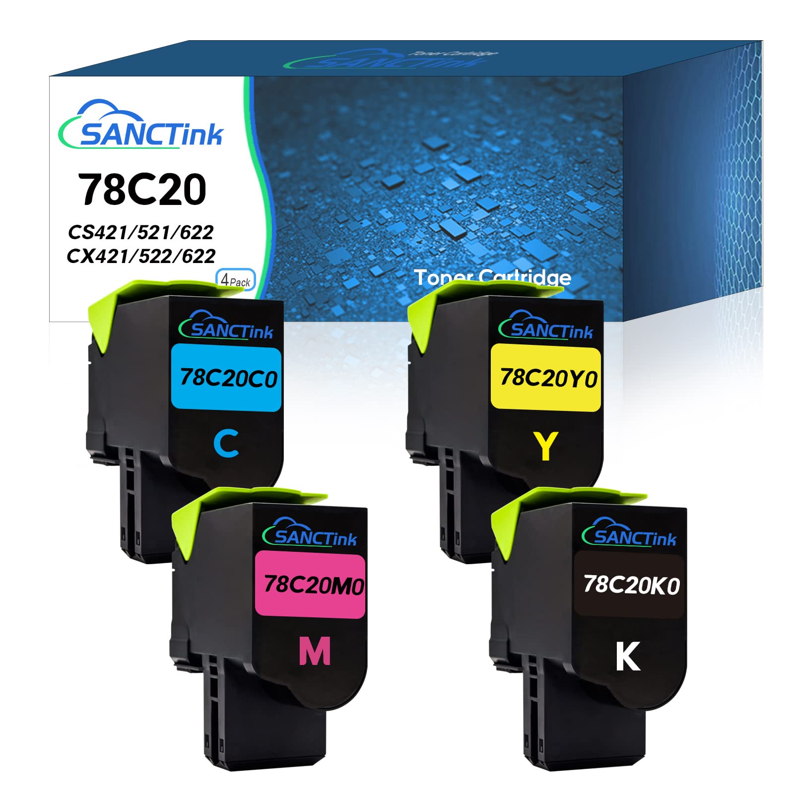 SANCTink Cartuccia toner rigenerata di ricambio per stampante 78C20 | confezione da 4, di ricambio per stampante CS421 CS521 CS622 CX421 CX522 CX622 per Lexmark (2000 e 1400 pagine)