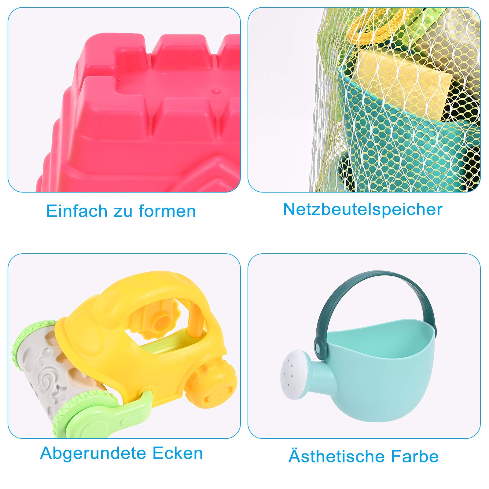 GOLDGE Sandspielzeug Set, 29Pcs Bunte Strandspielzeug Sandspielzeug Set mit Auto Eimer Schlossformen Netztasche Wasserspielzeug für Jungen Mädchen