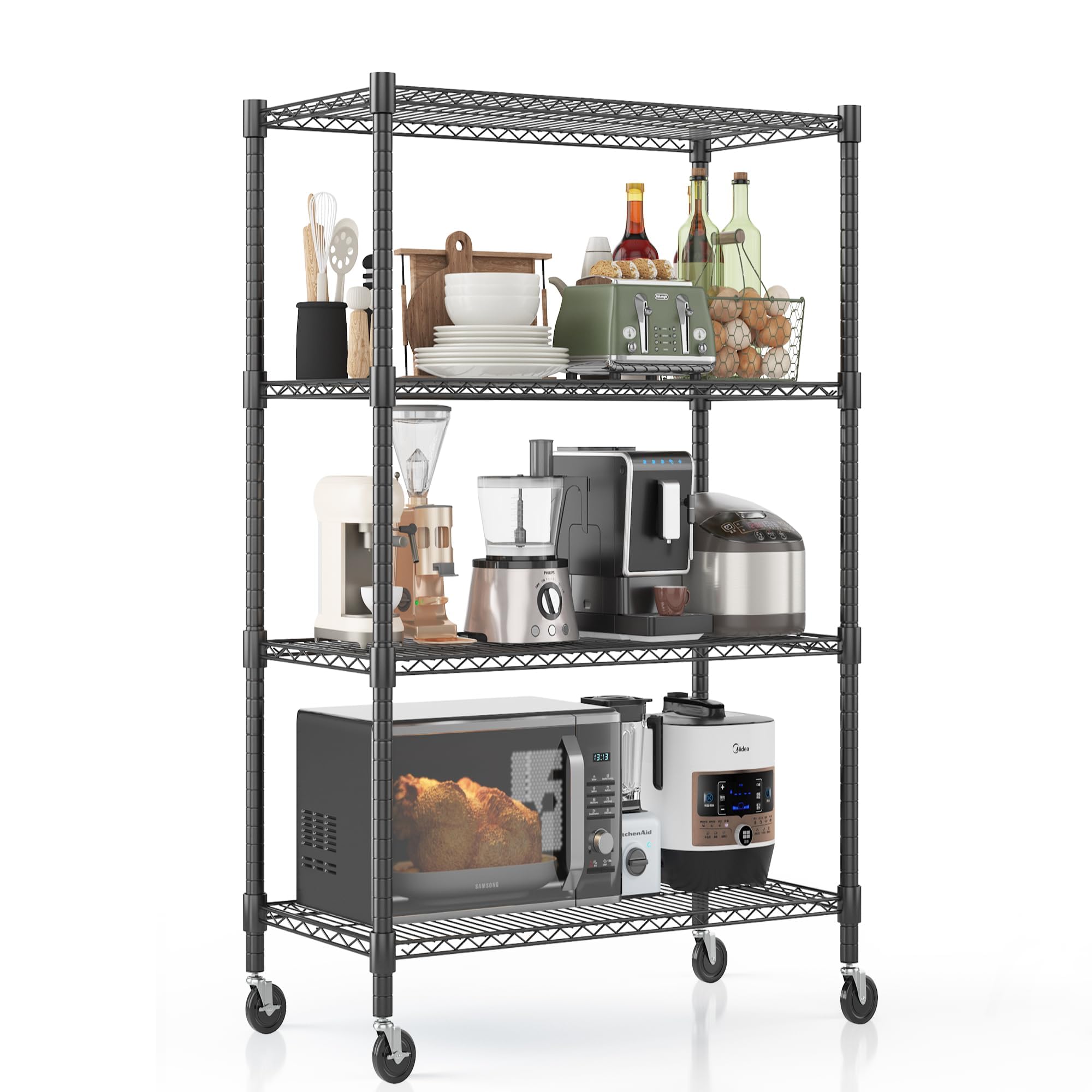 Himimi 4 Tier Heavy Duty Metal Shelving Unit on Wheels, 90Wx45Dx183H cm, Height Adjustable Large Tall Wire Shelving Unit, Free Standing Storage Racking Shelves for Kitchen Pantry Garage Shed, Black