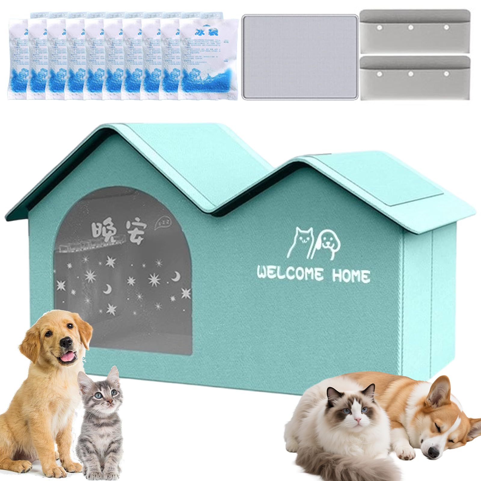 Premium Cat Cooling House with 10 Ice Packs - Foldable Air Conditioned Cat House and Dog House for Indoor Outdoor Summer Use - Weatherproof Outdoor Cat Bed (Green, L (Within 30 catties)) — image 1