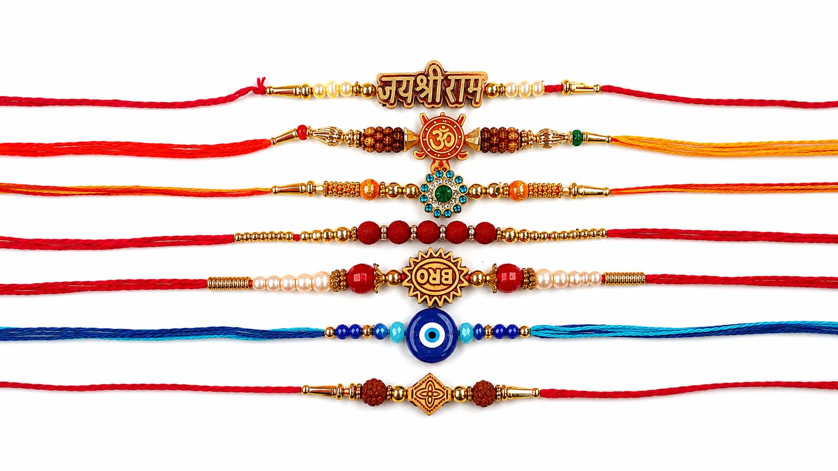 Rakhi Set of 7 with Jai Shri Ram, Om, Bro & Evil Eye-image-19