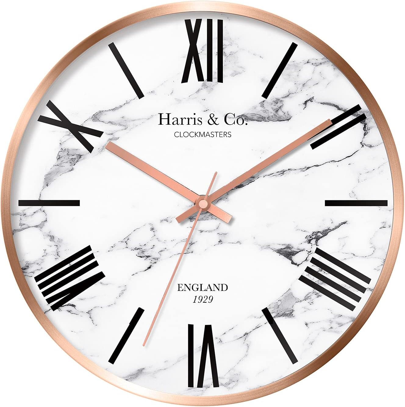 - HARRIS & CO. CLOCKMASTERS Luxury Wall Clock, Marble Design - 12 inch (Rosegold Metal Frame & Hands)(Silent Sweep Noiseless Technology) (White)-Analog