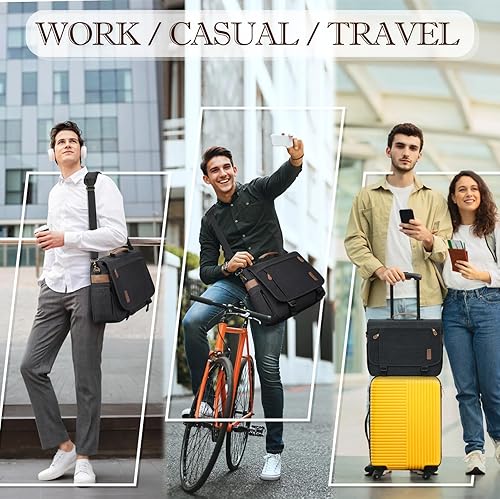 Miniatura 6 de RAINSMORE Bolsa tipo mensajero para hombre de 17 a 17.3 pulgadas, bolsa de lona resistente al agua, bolsa de hombro para computadora, oficina,