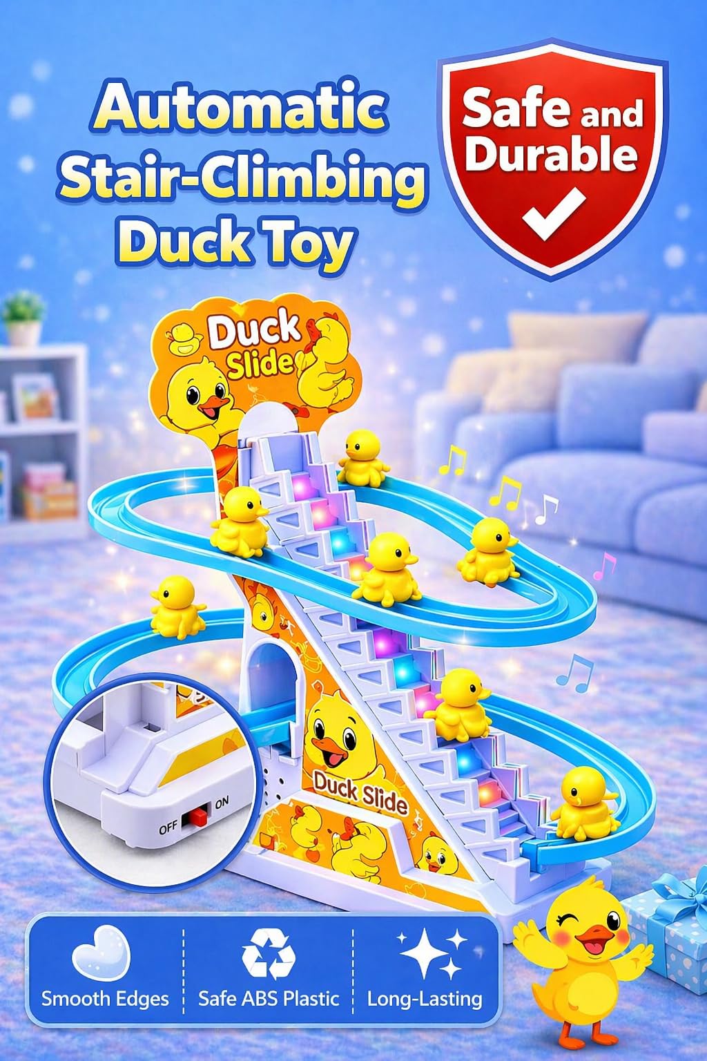 TEC TAVAKKAL Duck Slide Toy Set, Funny Automatic Stair-Climbing Ducklings Cartoon Race Track Set Duck Roller Coaster Escalator Toy with Flashing Lights & Music (Duck Slide Track Set) — Amazon image 7