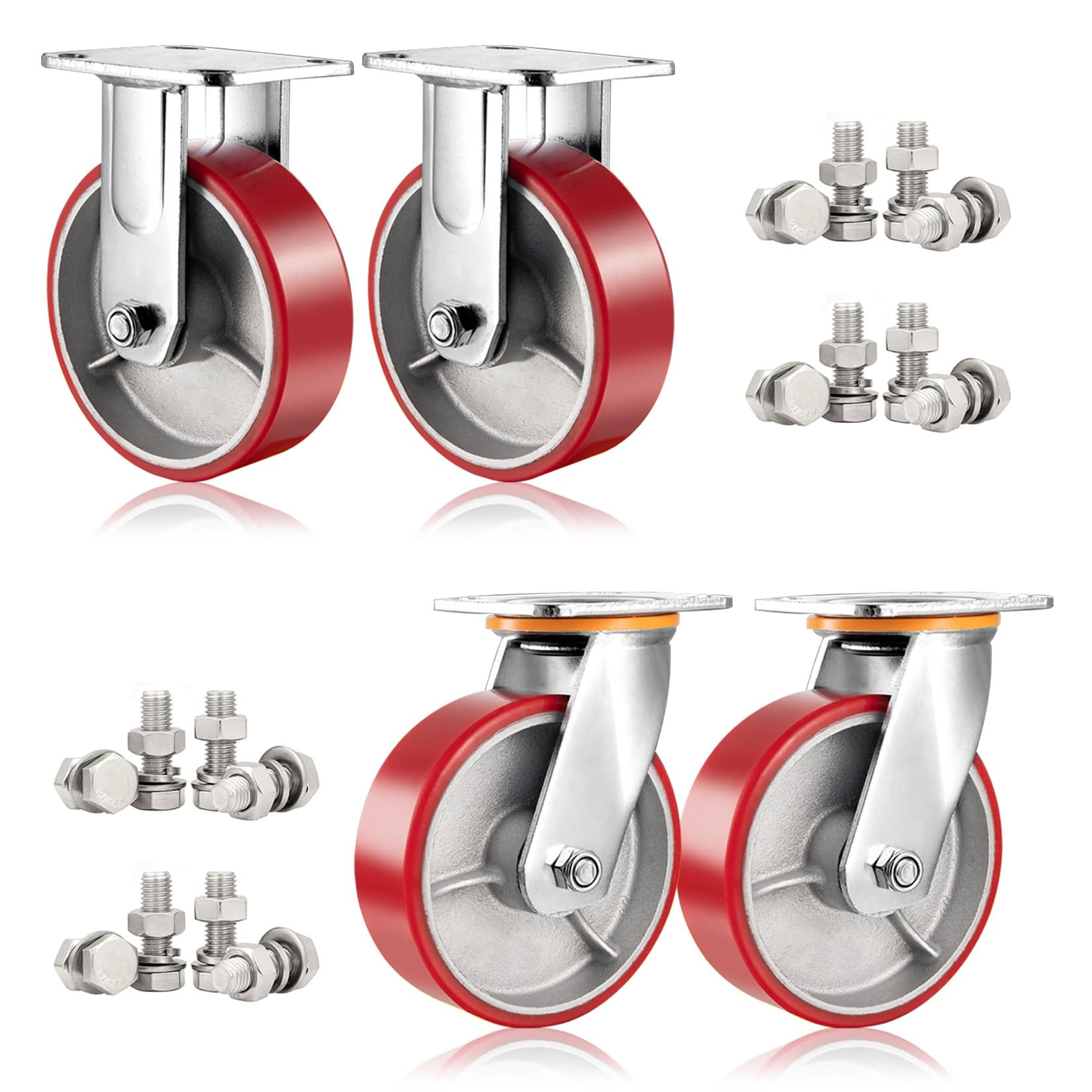 Lenkrollen Möbelrollen 4er-Set, 4 5 6 8 Zoll Hochleistungs-Leiserollen aus Polyurethan mit Stahlnabe, Ersatzrolle mit Doppelkugellager und Bremsen(Fixed+Swivel,125mm)