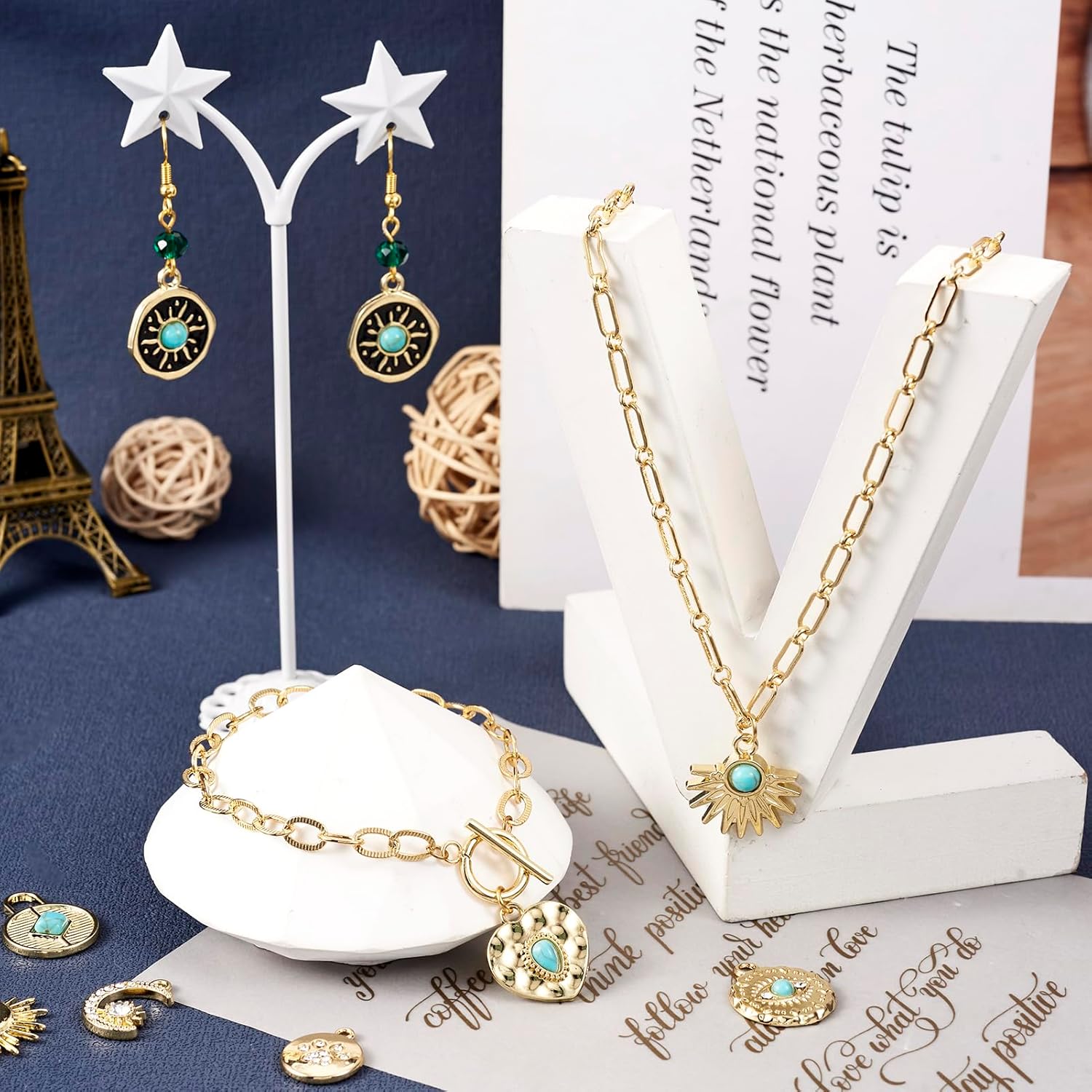 48Pcs Gold Western Charms for Jewelry Making Turquoise Gold Charms Alloy Metal Round Vintage Sun Moon Pendants for Necklace Earrings Bracelets DIY Craft - Image 2