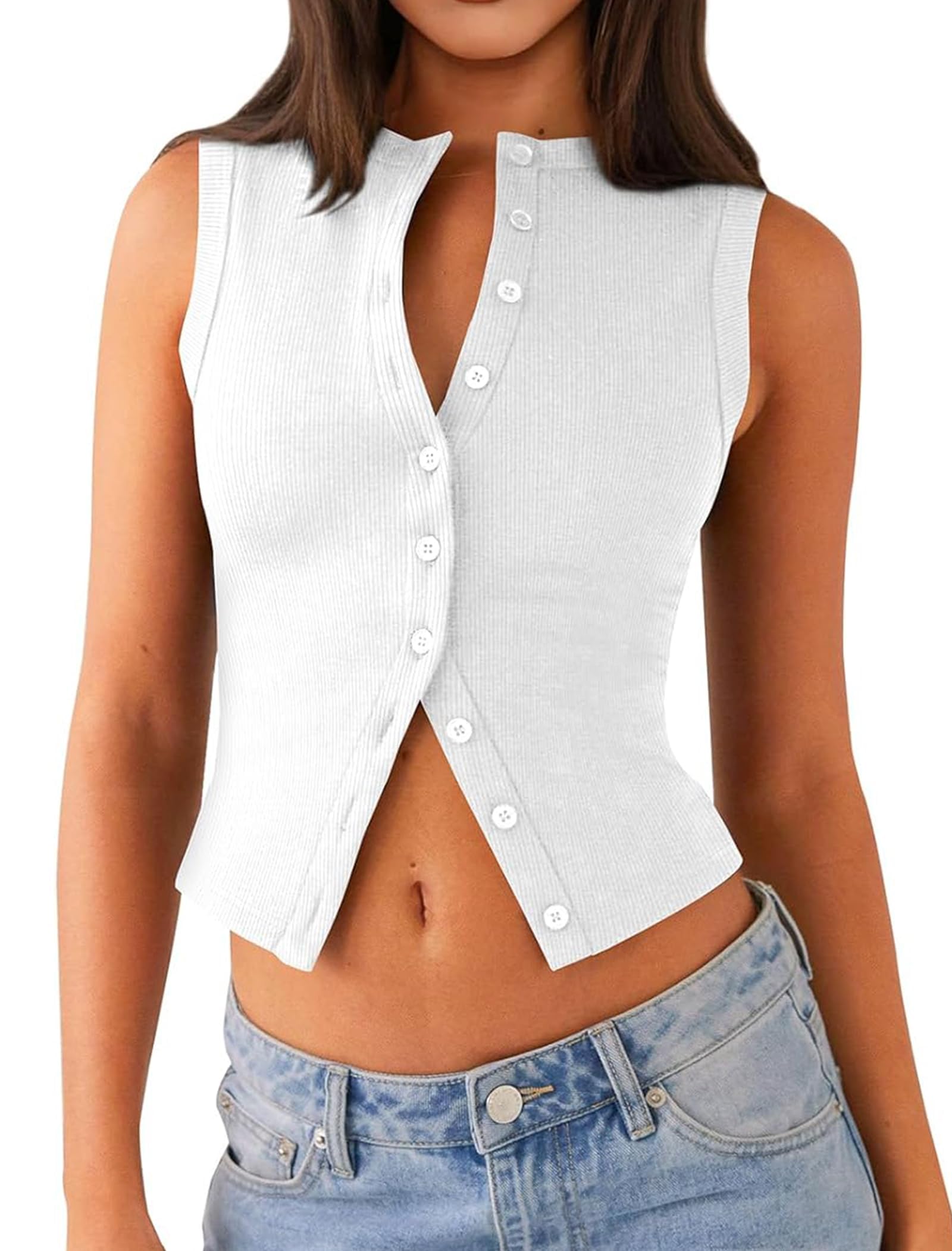 Zeysunp Womens Going Out Tops Summer Spring Ribbed Tank Sexy Crop Cute Y2K Button Down T Shirts