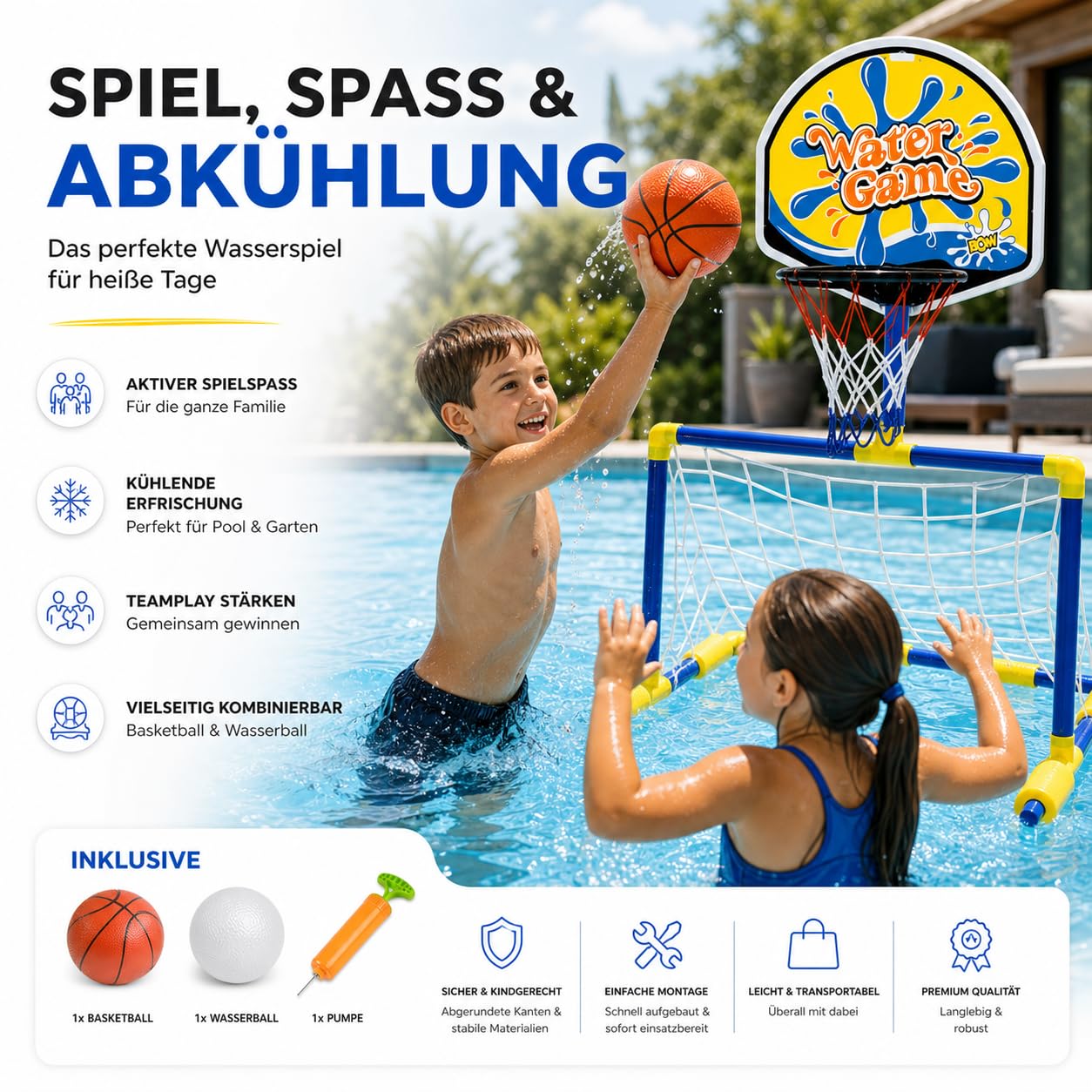 2-in-1 Wasserballspiel für Pool – Basketballkorb & Wasserballtor für Kinder & Erwachsene inkl. Bälle – Wasserspaß für Garten & Pool