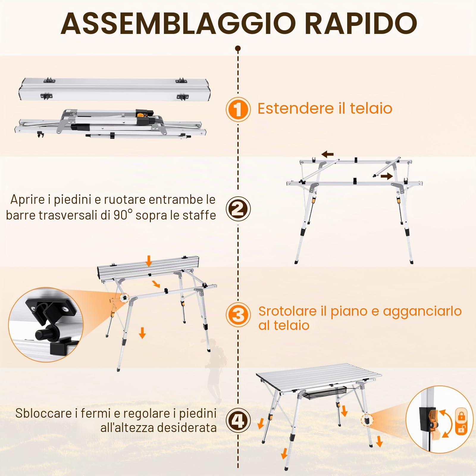 Sportneer Tavolo da Campeggio Pieghevole 90×52 cm, Tavolo Pieghevole con Altezza Regolabile, Telaio in Alluminio, Piano Arrotolabile, Tavolo Portatile per Campeggio, Picnic e Outdoor