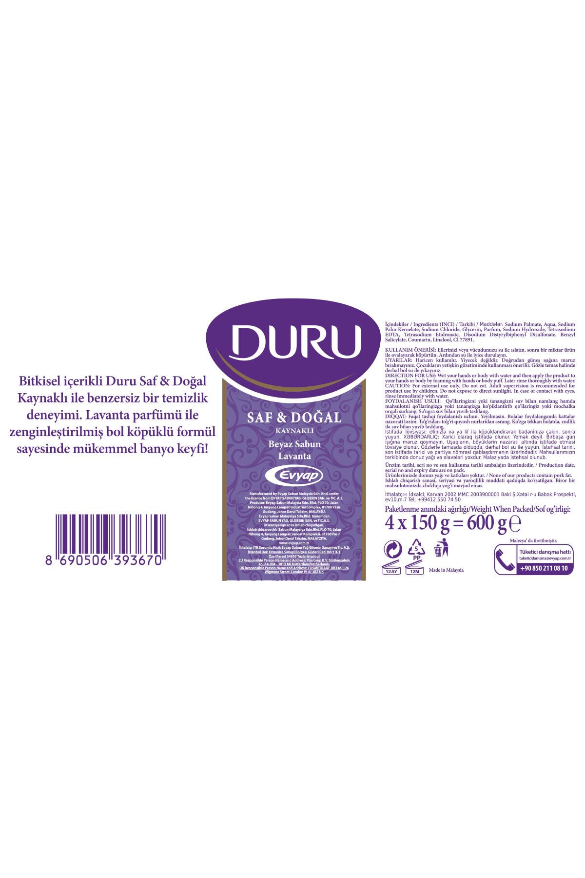 Duru Saf & Doğal Kaynaklı Lavanta 16 Adet Beyaz Kalıp Sabun 4X600Gr