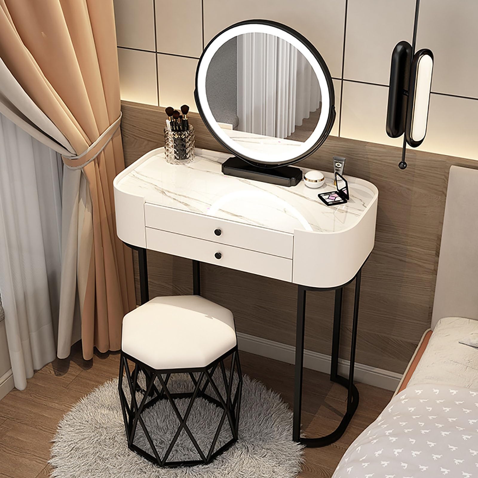 asdchZen Luxury Makeup Chair & Vanity Desk Set, White Dressing Table With Tempered Glass Top, Makeup Table With Drawers, 19.6In Makeup Stool-Elegant Home Decor,Slate Color+white-19.6in/50cm