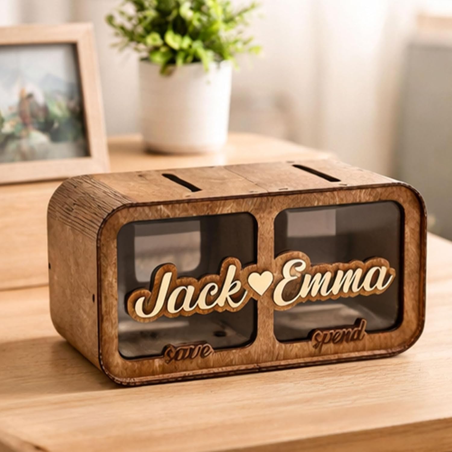 Personalized Wooden Savings Bank for Couples, Custom Name Piggy Bank with Acrylic Window, Rustic Money Box with Coin Slot, Unique Cash Organizer Gift for Wedding Anniversary