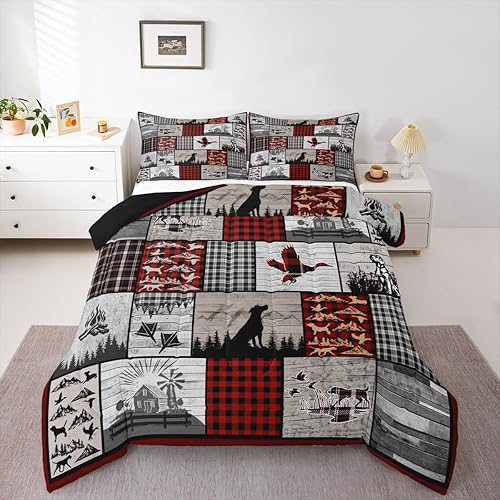 Miniatura 4 de Feelyou - Juego de ropa de cama con temática de caza de patos, juego de funda de edredón a cuadros, cabaña rústica, edredón de pato Mallard para