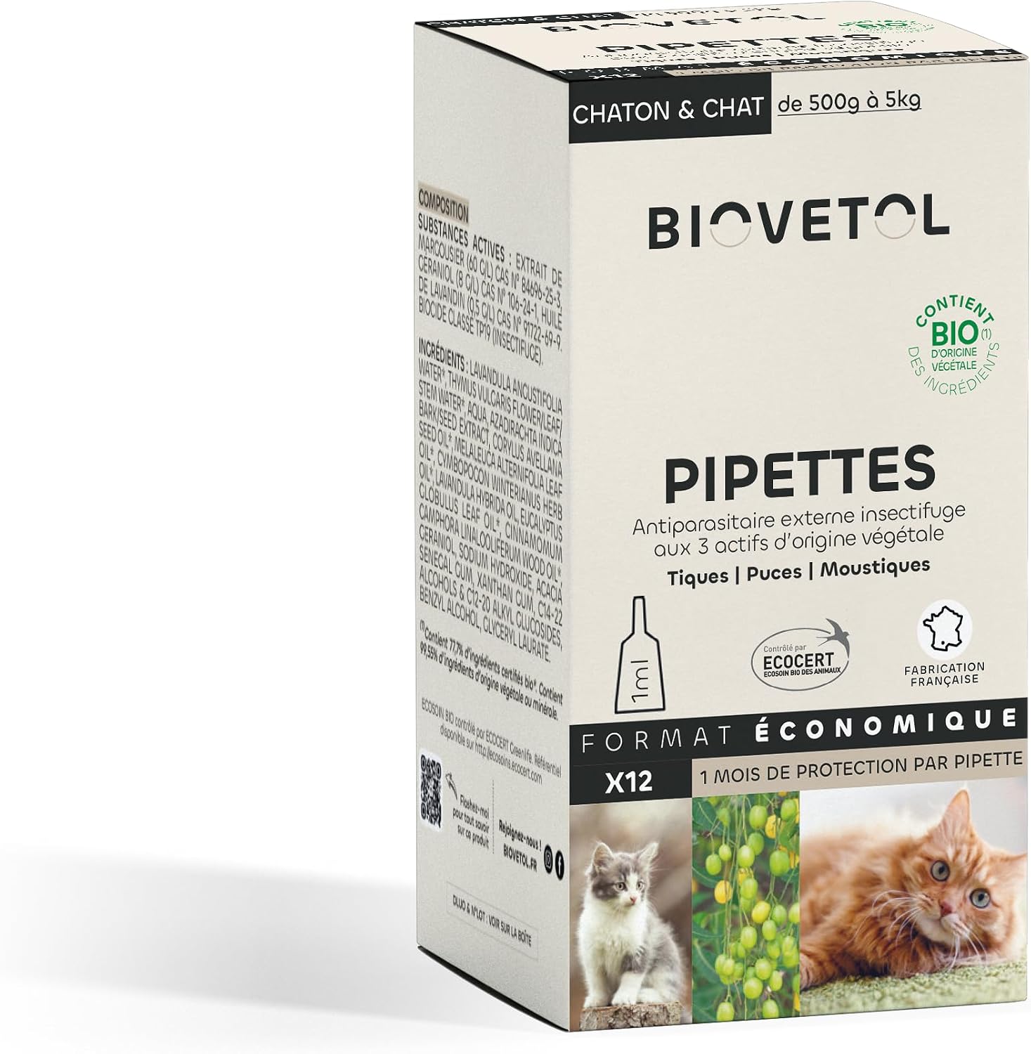 BIOVETOL Pipettes Bio Certifiées Ecocert pour Chat