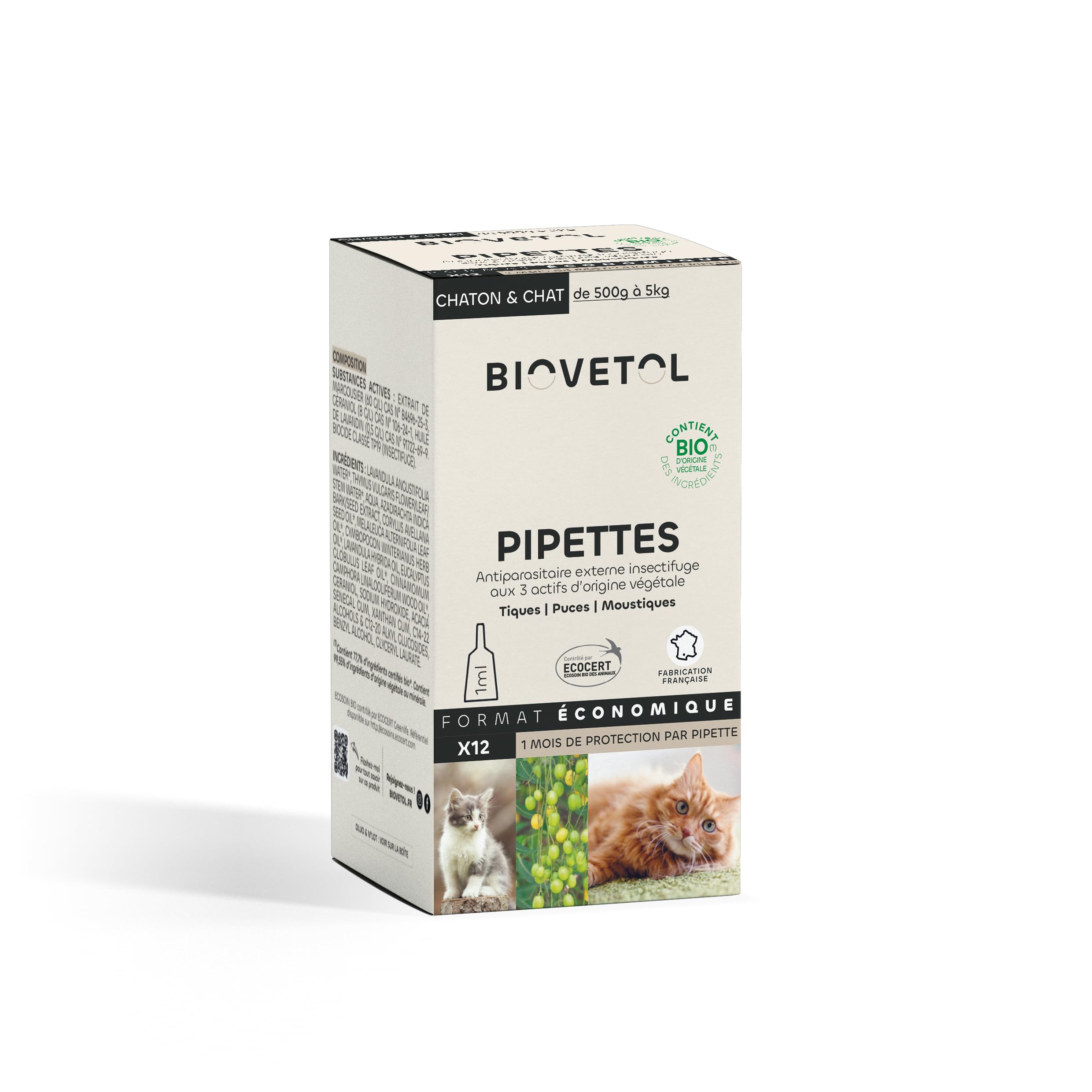 BIOVETOL - Pipettes Anti Puces, Anti-Tiques et Anti moustiques -Bio Certifié Ecocert - Repousse Pendant 4 Semaines - pour Chaton & Chat - Conçu et Fabriqué en France - 12 Pipettes