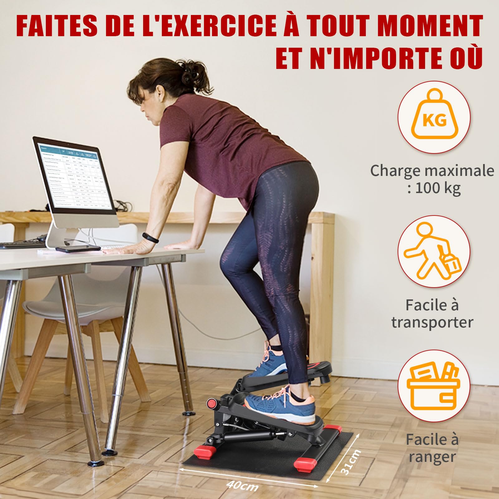 LEADZM Mini Stepper avec Coussinet Silencieux, Stepper de Fitness 2 en 1 avec Bandes de Résistance, Écran LCD, Compteur de Calories, pour L'entraînement des Jambes et des Bras Fessiers, Noir et Rouge