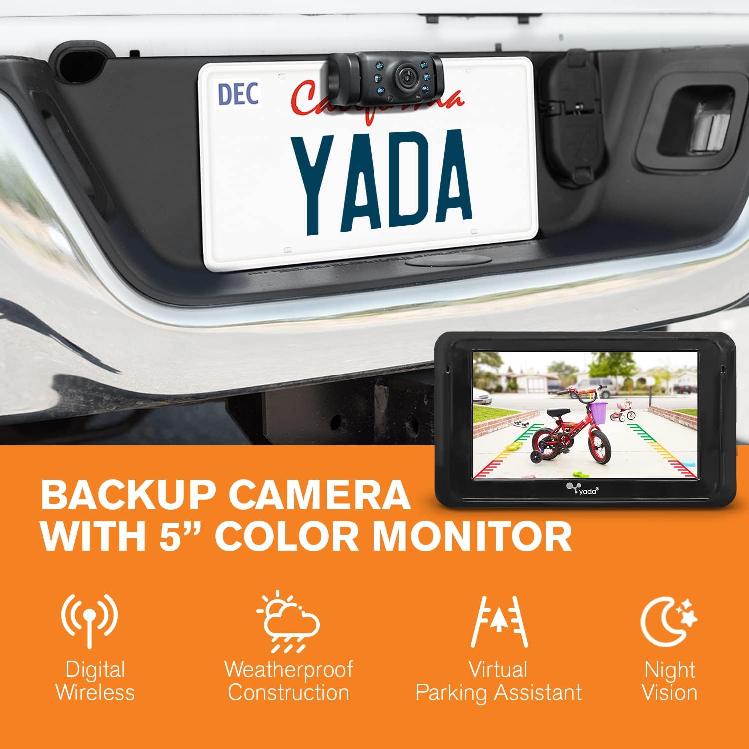YADA | Vehicle Backup Camera Expandable System, 5" Dash Camera, Adjustable Rear View Car Monitor, Digital Wireless, Waterproof, Night Vision, Single or Split View Monitor : Electronics