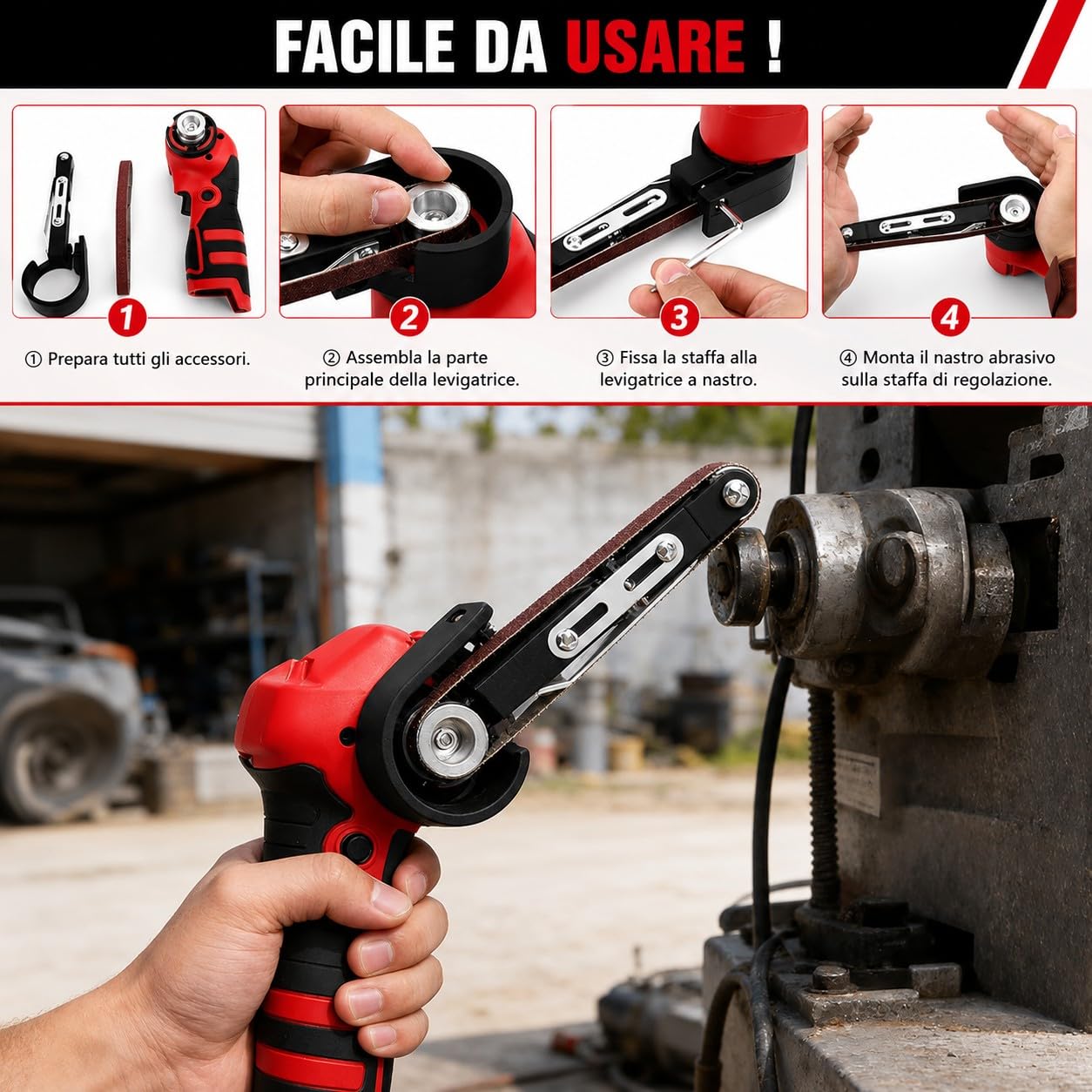 Mini Levigatrice a Nastro a Batteria 24V 10x330mm 360° con 2 Batterie 10 Nastri Abrasivi per Metallo Legno