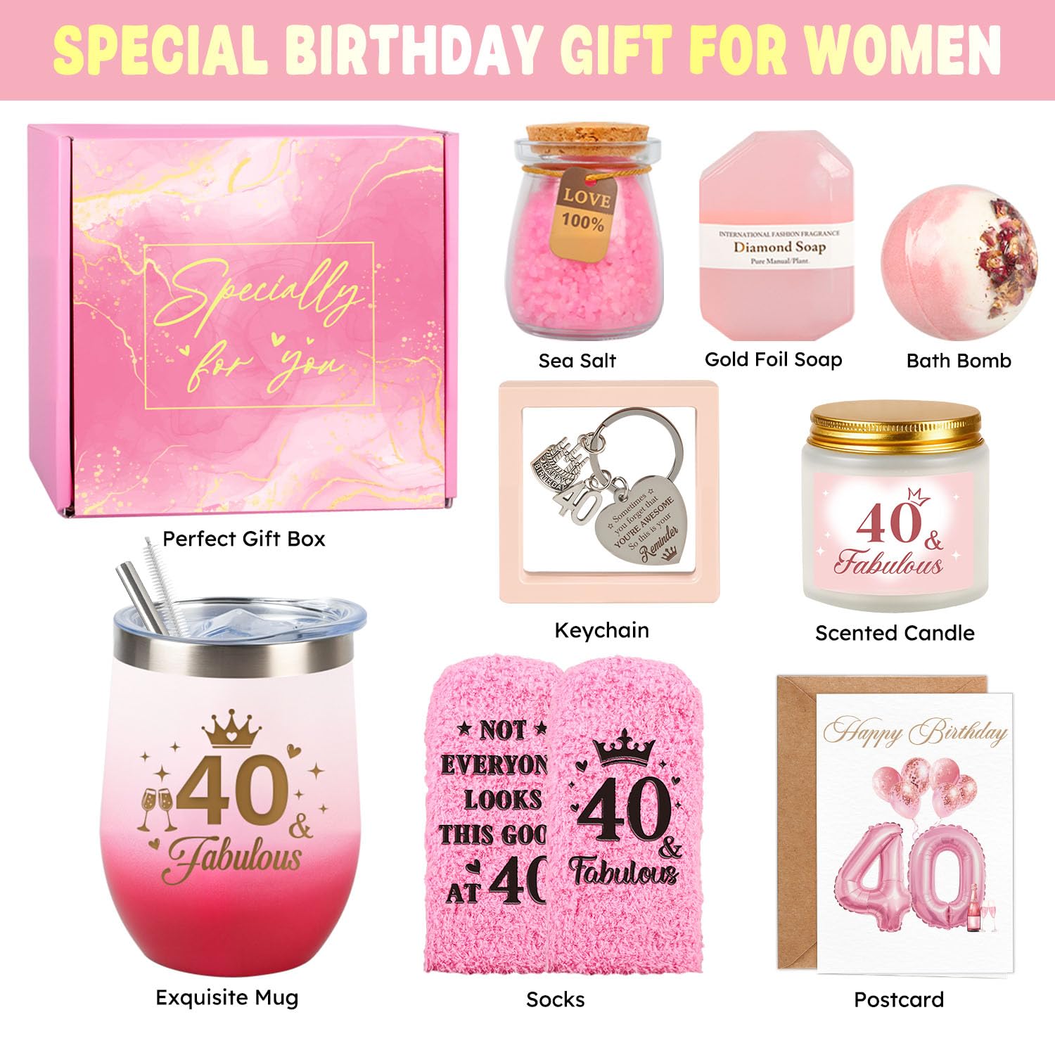 40th Birthday Gifts Women, 40 Year Old Birthday Gifts for Women Self Care Relaxing Spa Gift Basket Fabulous 40th Birthday Gift Idea for Her Happy 40Yr Birthday Gift for Woman Mom Wife Sister Friends