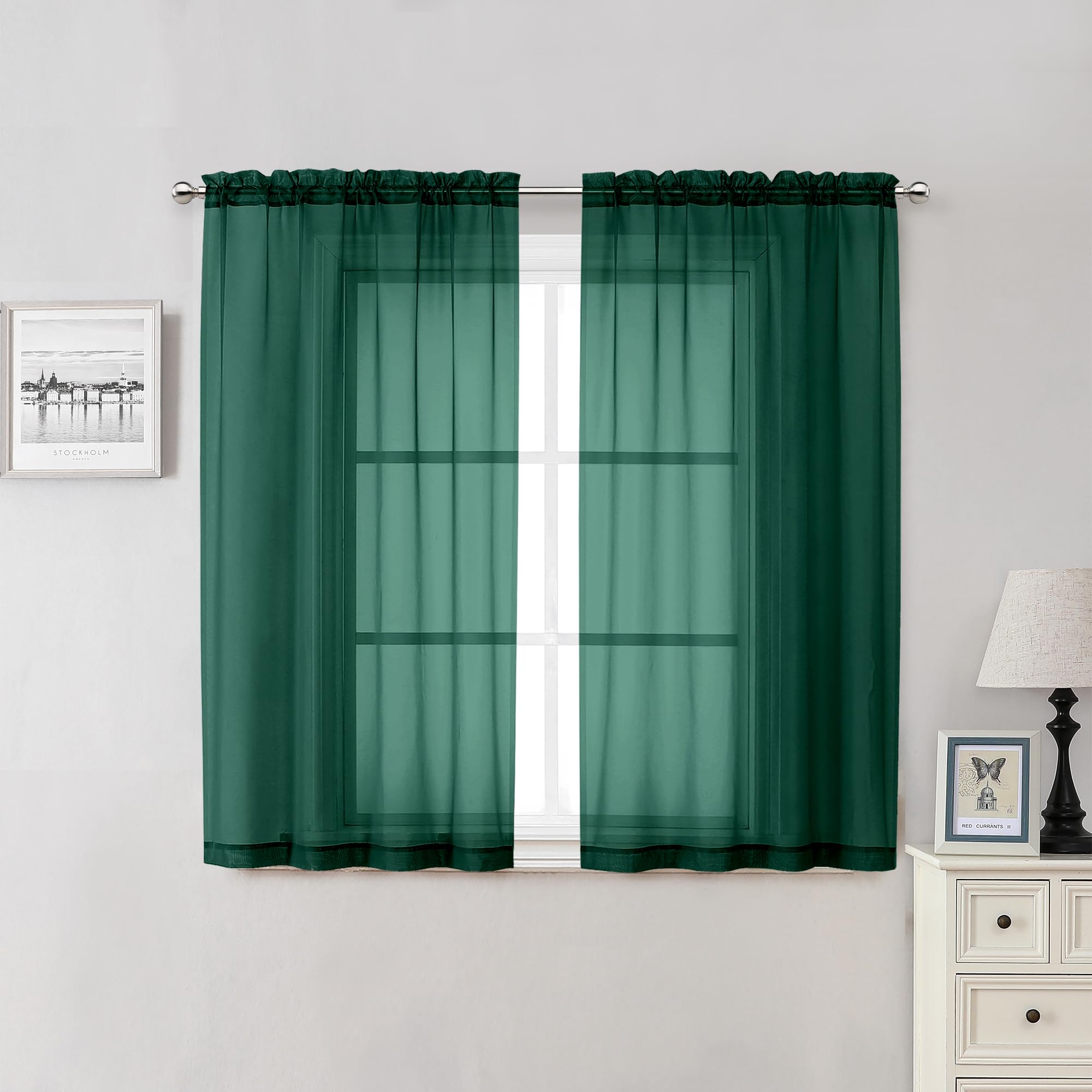 Lecloud Hunter Green Sheer Curtains 54 Inch Length 2 Panels, Voile Light Filtering Curtains with Rod Pocket, Transparent Tulle Drapes for Bedroom