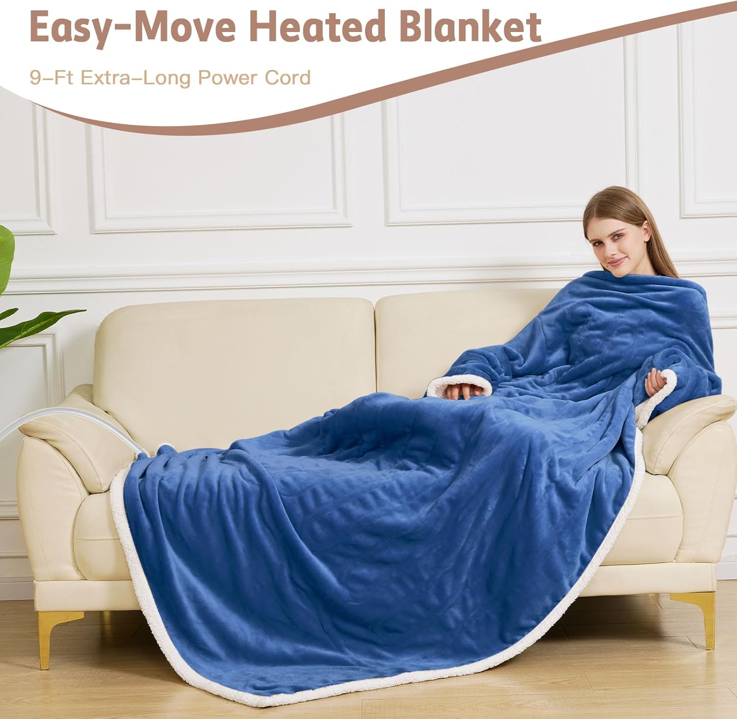 Heated Blanket, 55"×80" Wearable Electric Blanket with Sleeves, Sherpa Snuggle Throw Blanket, Warm Gift for Grandma, Mom, Dad, (Navy) - Image 7