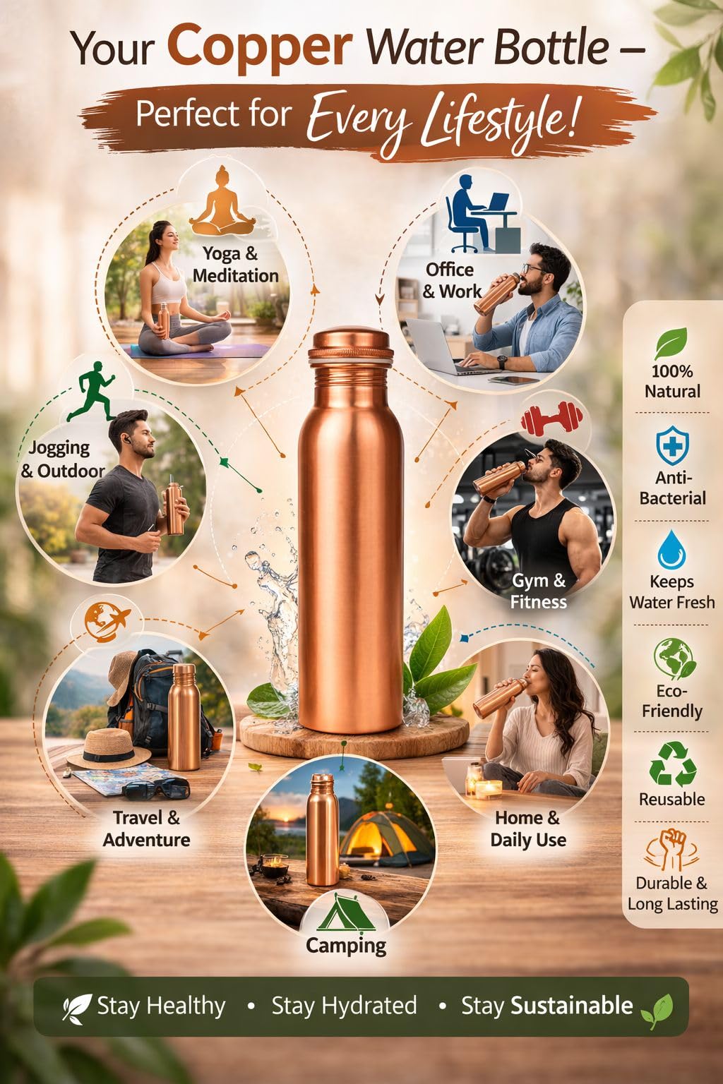 Wasserflasche aus 100 % reinem Kupfer mit Tragetasche, im Labor getestet, auslaufsicher, handgefertigt, ayurvedisches Kupfergefäß, Wasserflasche aus reinem Kupfer zum Trinken (Kupferflasche mit Tasche