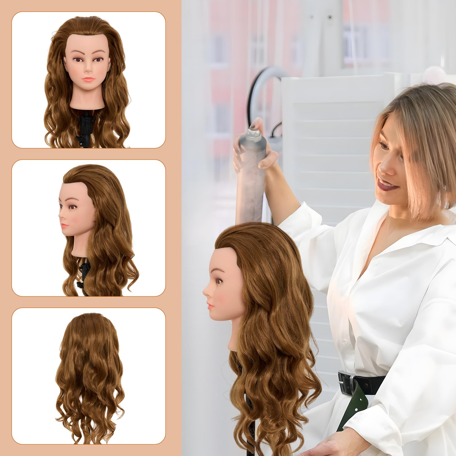 Neverland 71 cm Testa per Parrucchieri con Supporto, 60% Capelli Veri, Morsetto da Tavolo, Accessori (Oro)