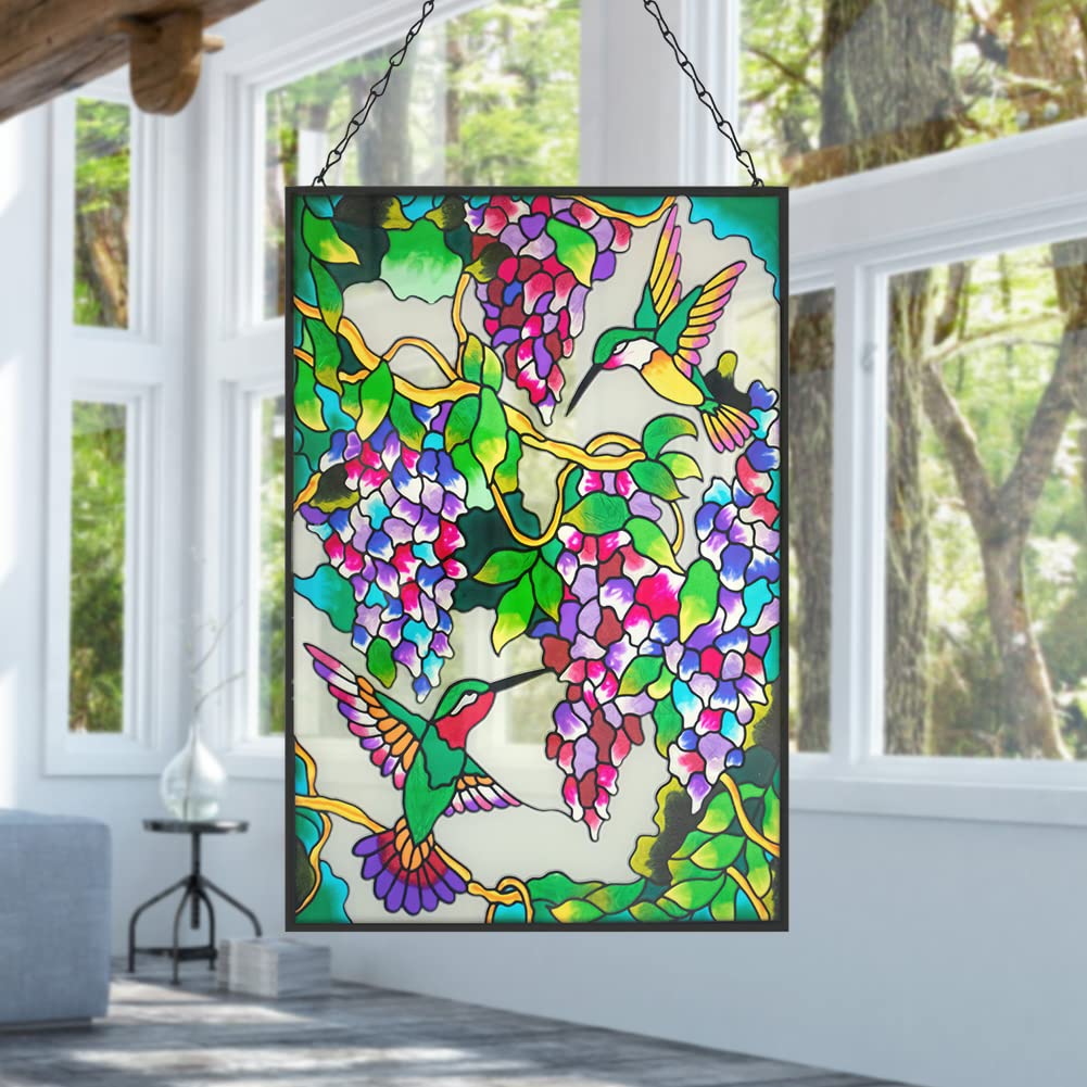 VEWOGARDEN Kolibri Buntglas-Fensterbehänge 25,4 cm B x 38,1 cm H Vogel-Sonnenfänger Panel mit Kettenfenstern hängende Dekoration Ornament Geschenk