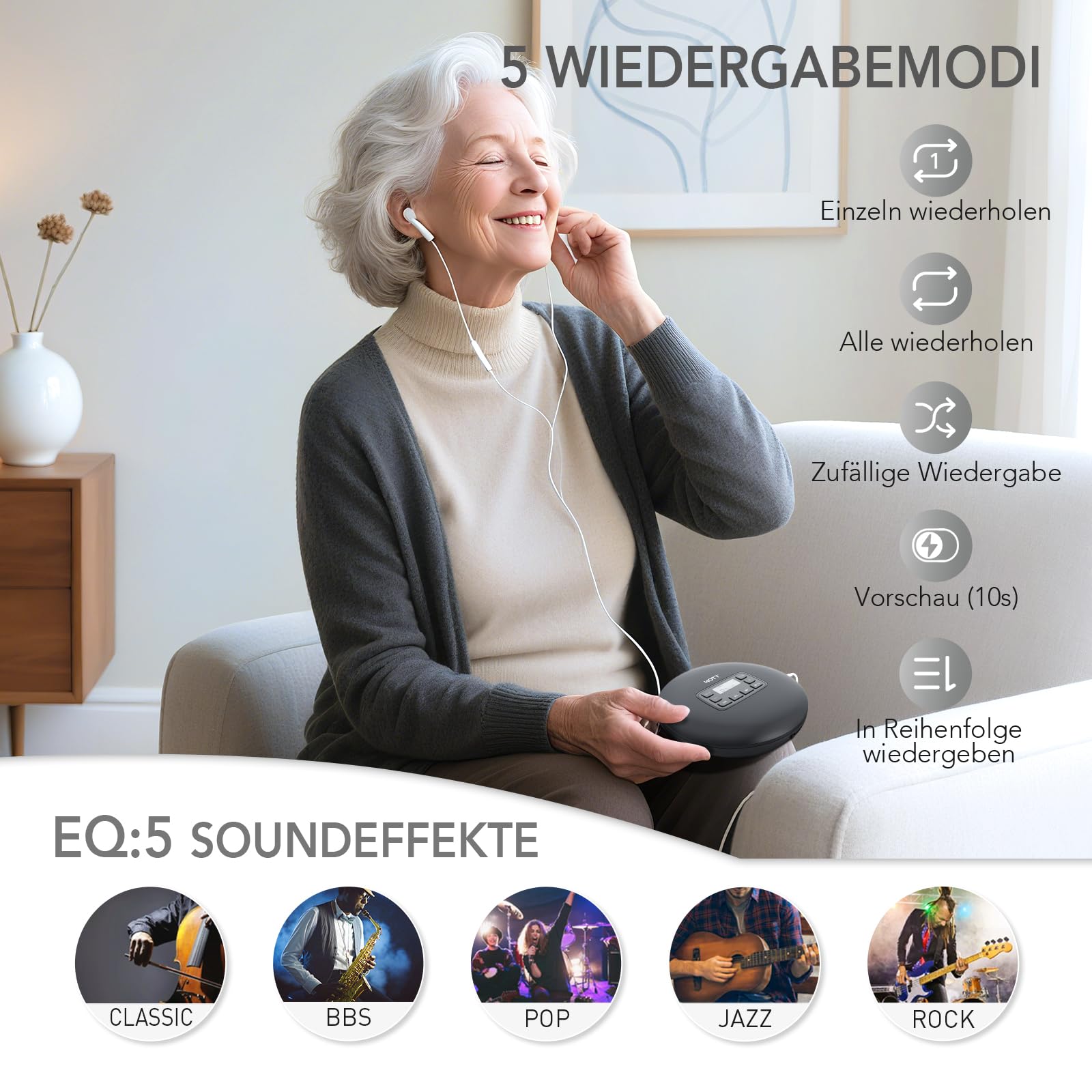 HOTT Tragbarer CD Player mit Tastensperre, dualer USB-C & Batteriestromversorgung sowie ASP-Anti-Shock, ausgestattet mit 3,5-mm-AUX-Ausgang – perfekt für Musik, Lernen und Geschenke (Schwarz)