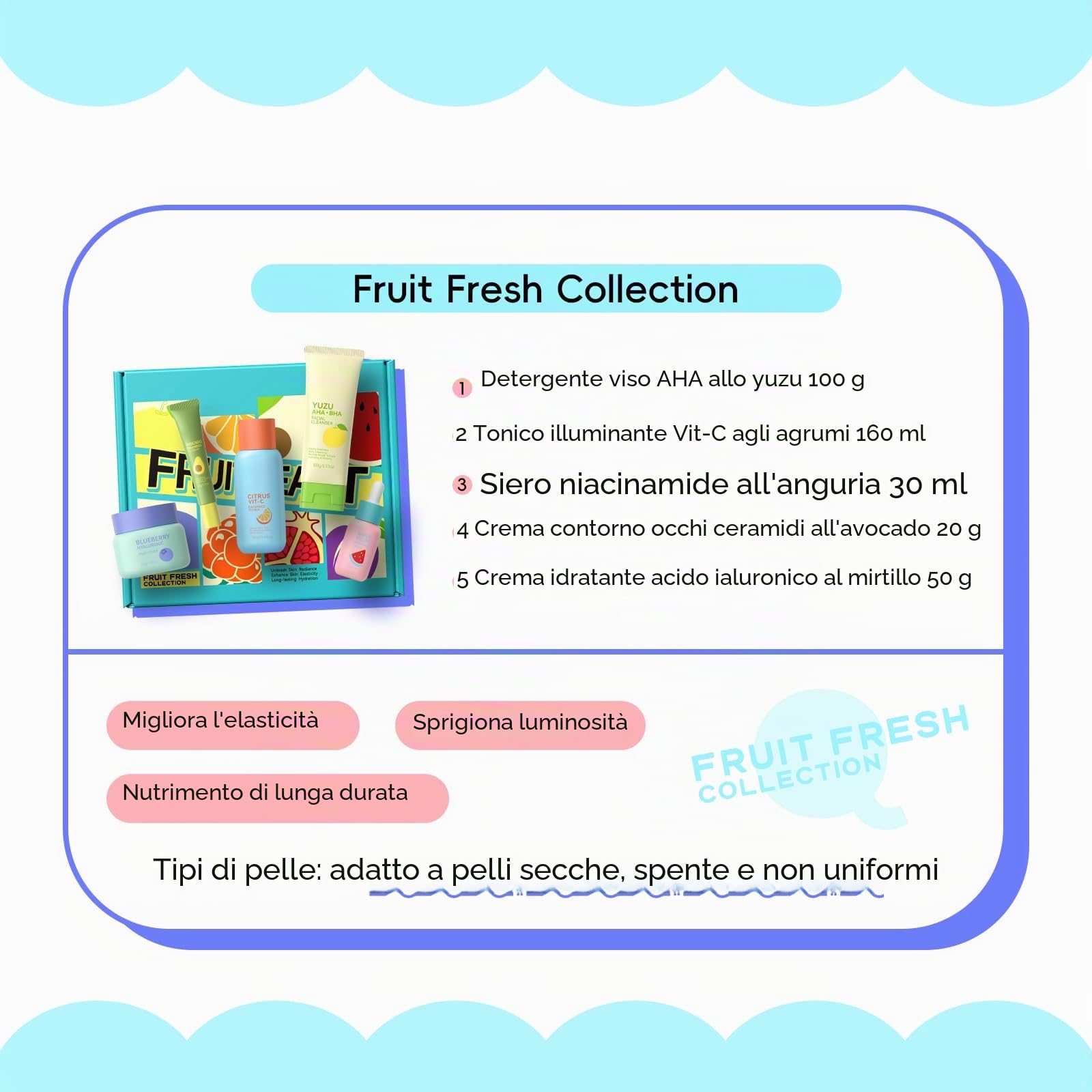 Set Skincare alla Frutta per il Viso, Set Regalo da 5 Pezzi per la Cura della Pelle, Idratante, Illuminante e Lenitivo, Adatto a Donne e Adolescenti