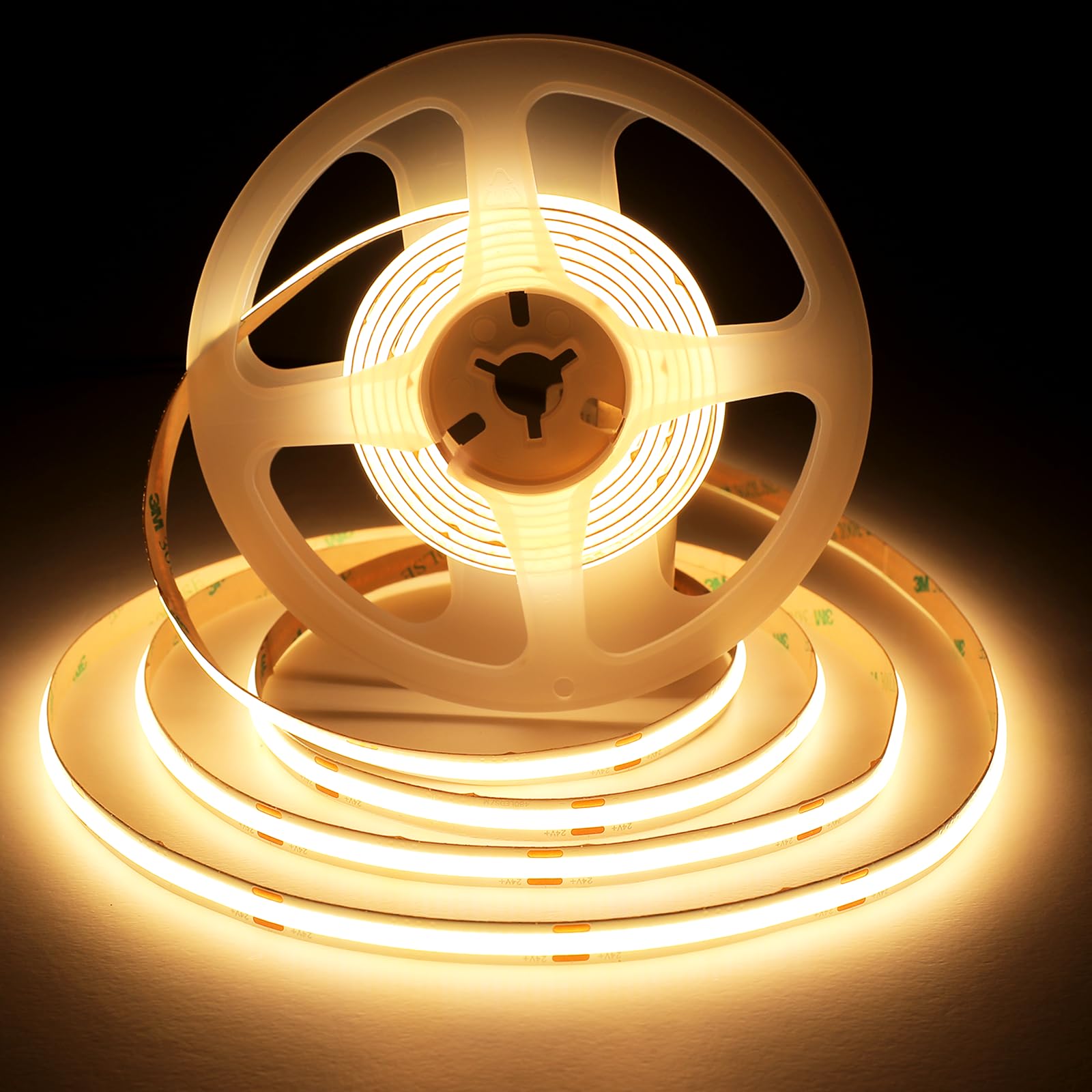 HCHEOG COB LED Strip Lights 5m,3000K Warm White LED Strips,Uniform DC24V LED Strip, with 320LEDs/M, 8mm Wide, CRI90+, Dotless LED Tape for Room Decoration (No Power Supply)