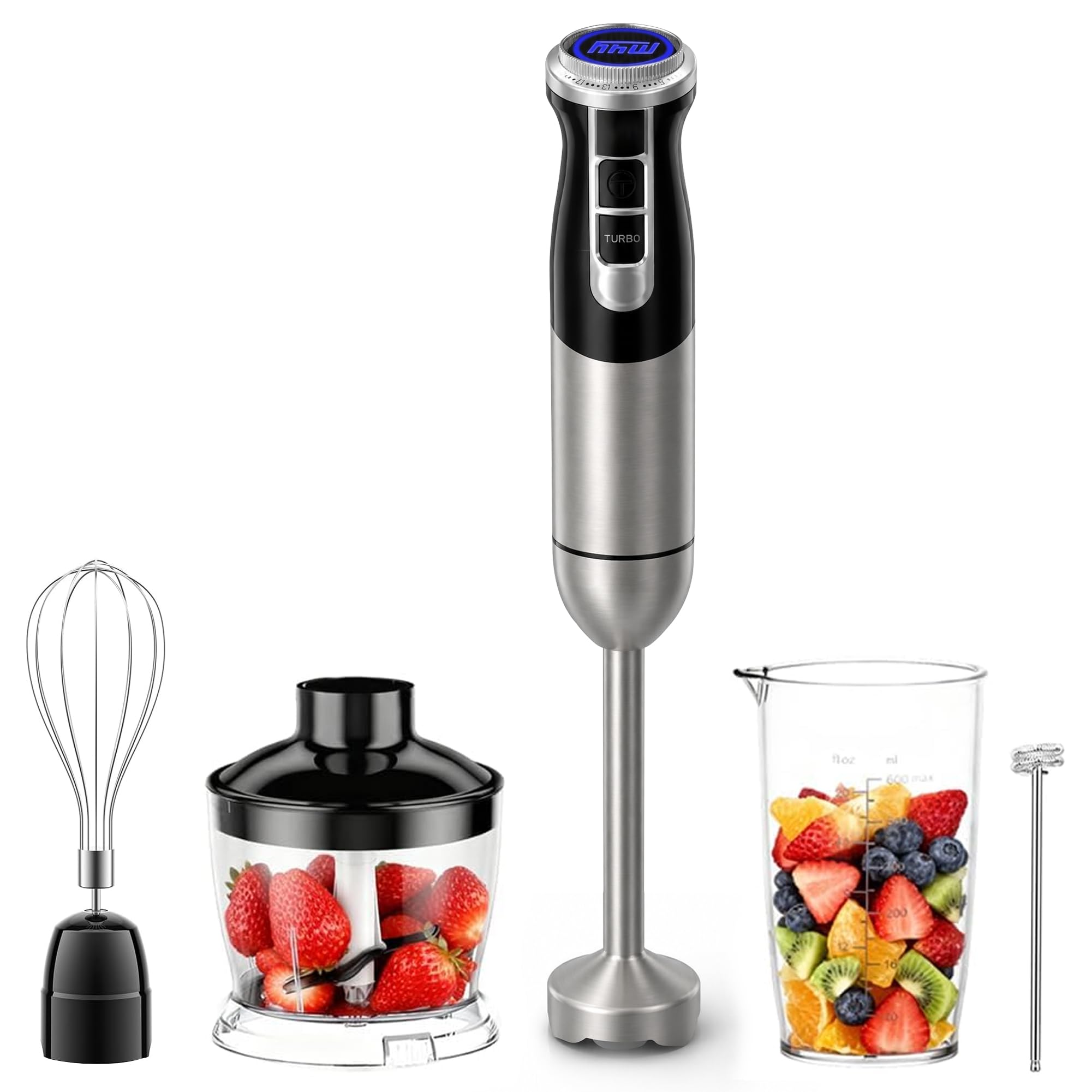 M4Y 5 IN 1 Hand Blender Kitchen Set 1000 W Stainless Steel Stick Blender, DC Motor, 2 Speeds with 21 Variable Speeds, 860ml Mini Food Processor Chopper, Electric Whisk Milk Frother, 600ml Beaker