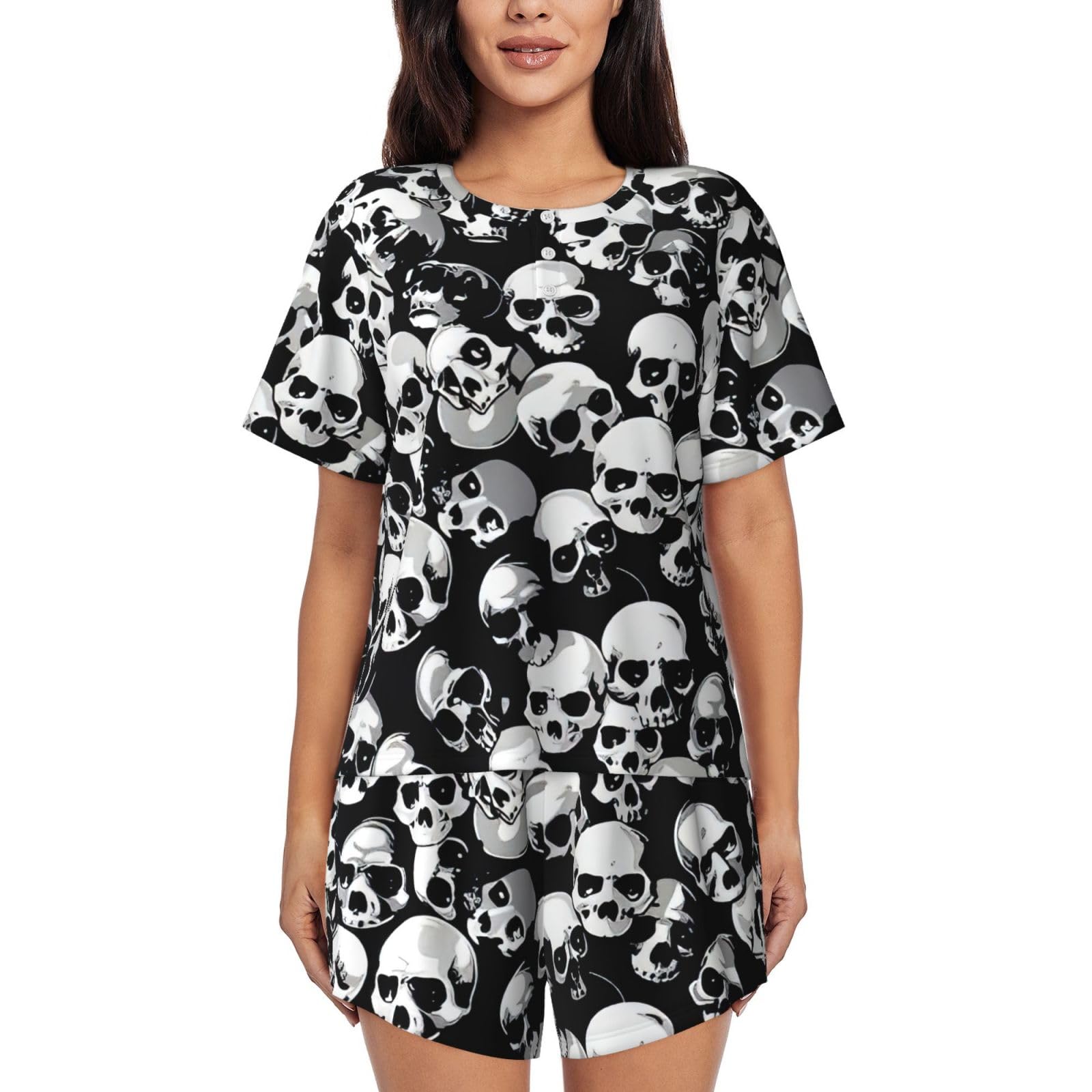 Kfjghhl Black Skull Womenâ€™s Pajama Set Short Sleeve Shorts Lounge Sleepwear Summer Button 2 Piece Women Pjs