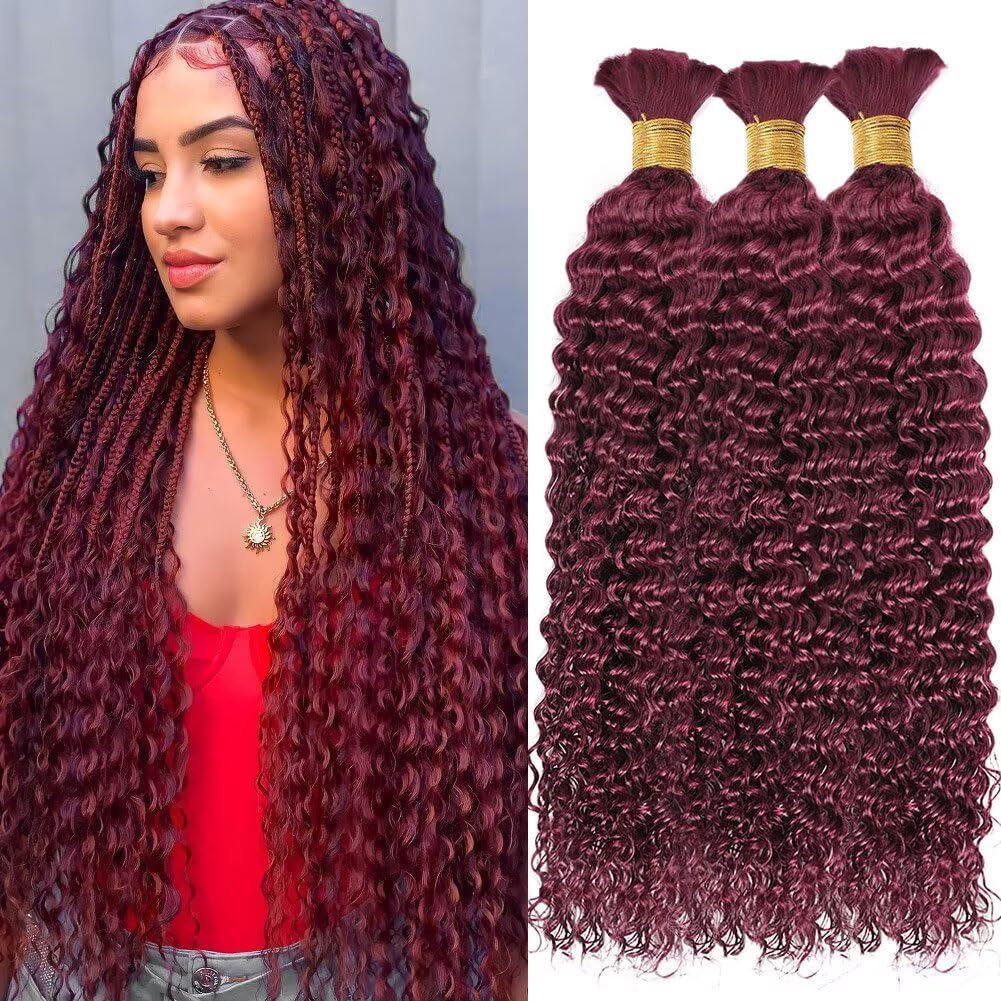 Human Braiding Hair for Boho Braids 150g 16 Inch Burgundy Curly Boho Hair for Braiding Knotless 12A Deep Wave Bulk Bohemian 3 Bundles/Pack Color 99J