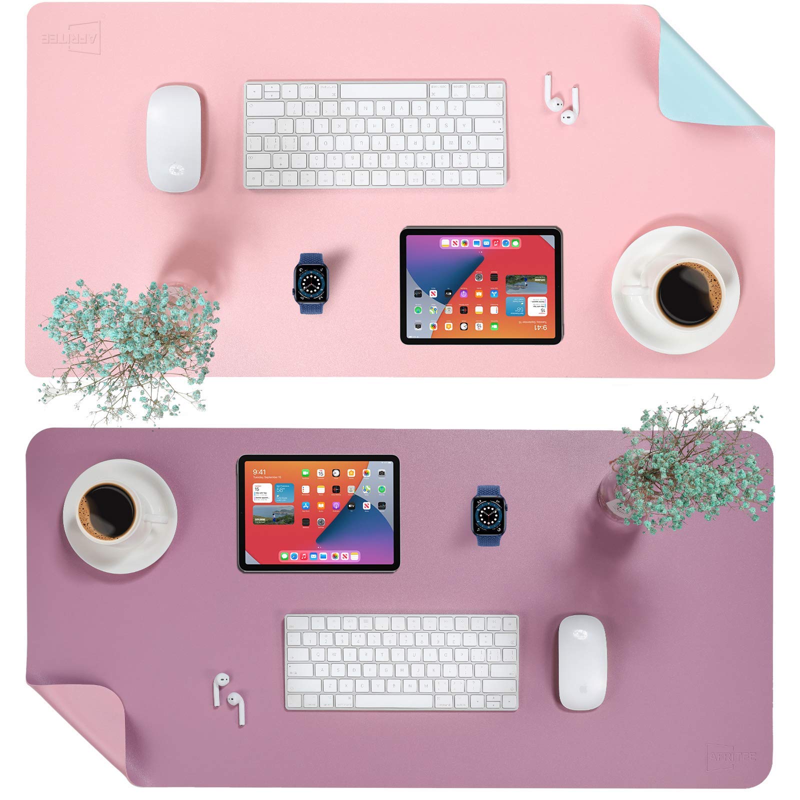 AFRITEE Desk Pad Protector Mat - Purple/Pink, 31.5" x 15.7" & Light Blue/Baby Pink, 31.5" x 15.7"
