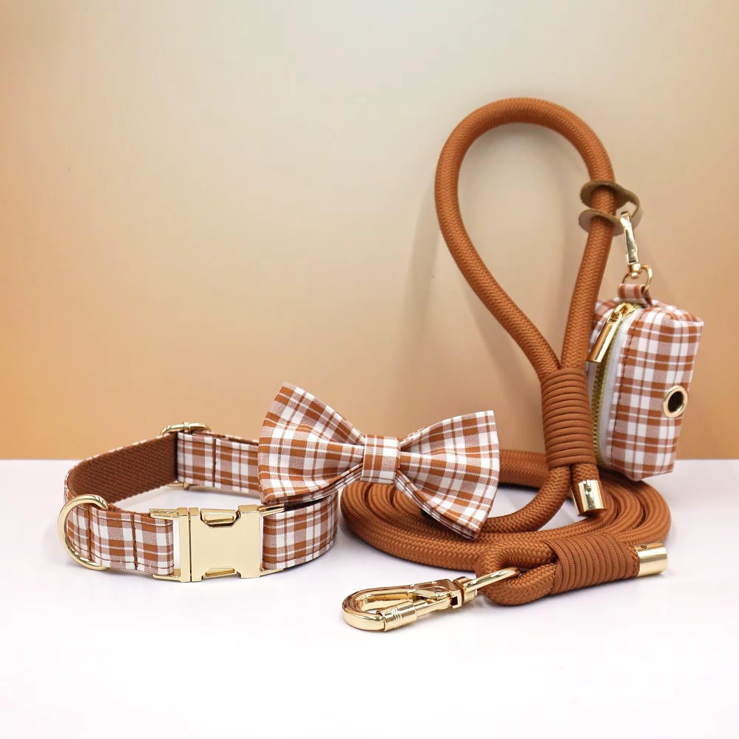 Personalized Plaid Dog Walking Set with Collar Leash Matching Bow Tie and Pooper Scooper Bag