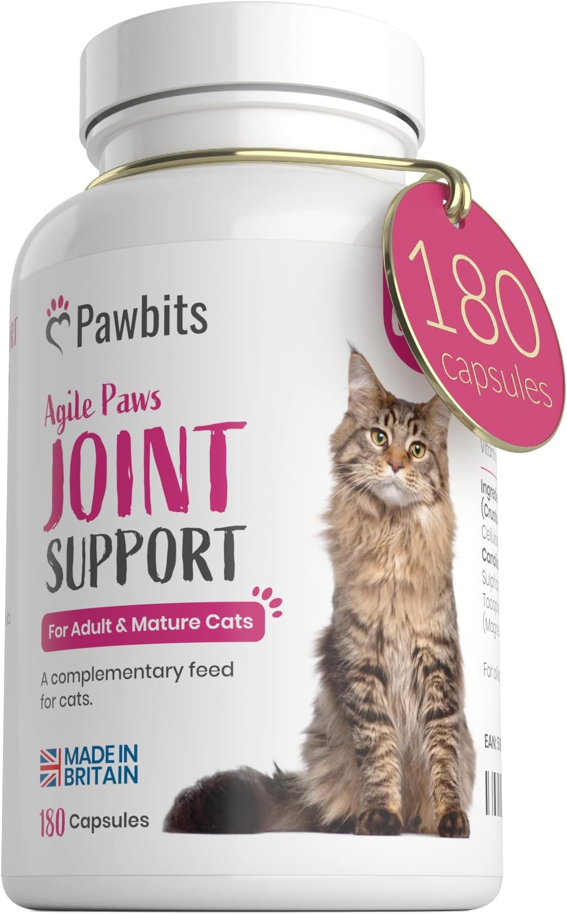 180 Pawbits Joint Support for Cats Tablets for Stiff & Mature Adult Cats Anti-Inflammatory Relief Supplements, Green Lipped Mussel, Glucosamine & Hyaluronic Acid Sprinkle Capsules (180)