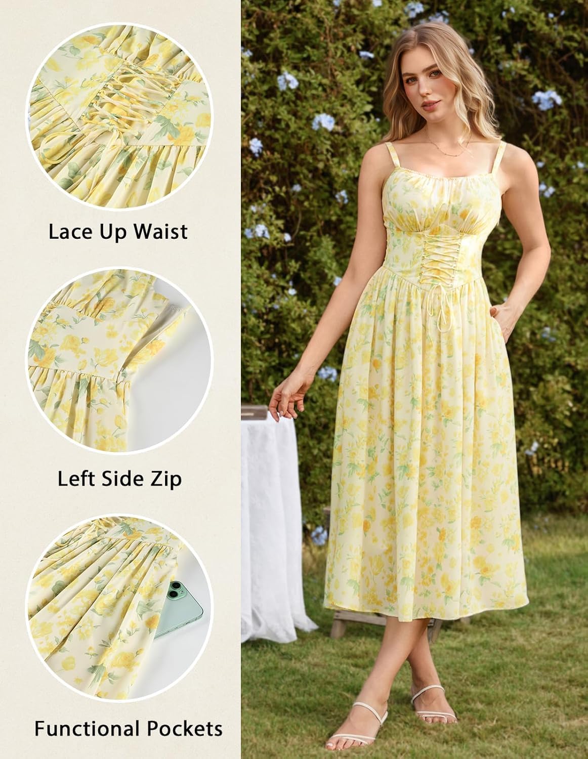 SCARLET DARKNESS Robe d'été pour femme - Robe d'été décontractée à motif floral - Sans manches - Bretelles spaghetti - Robe corset victorienne pour femme
