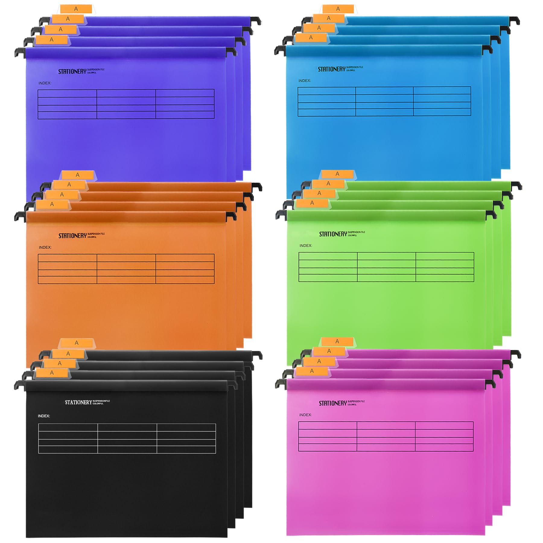 24PCS Dossiers Suspendus A4 - Pochettes à Levier en PP pour Tiroir, Classement Rapide des Documents (6 Couleurs)