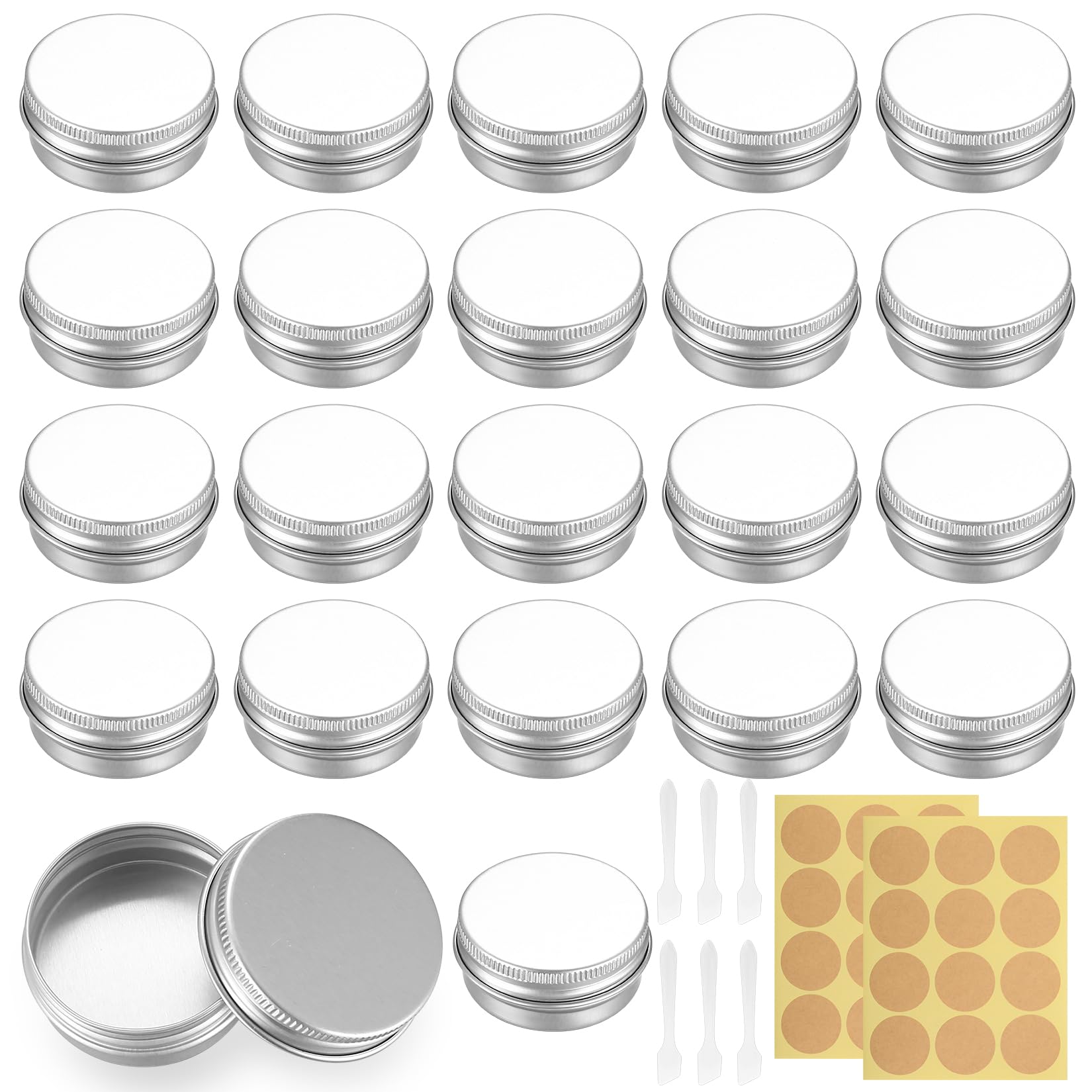22 Pcs Pots en Aluminium, 15ml Pot de Creme Vide, Petite Boite Metallique Ronde, Pots de Contenants Cosmétiques Vides pour Baume à Lèvres, Lotion, Crèmes, avec 24 étiquettes, 6 Grattoirs