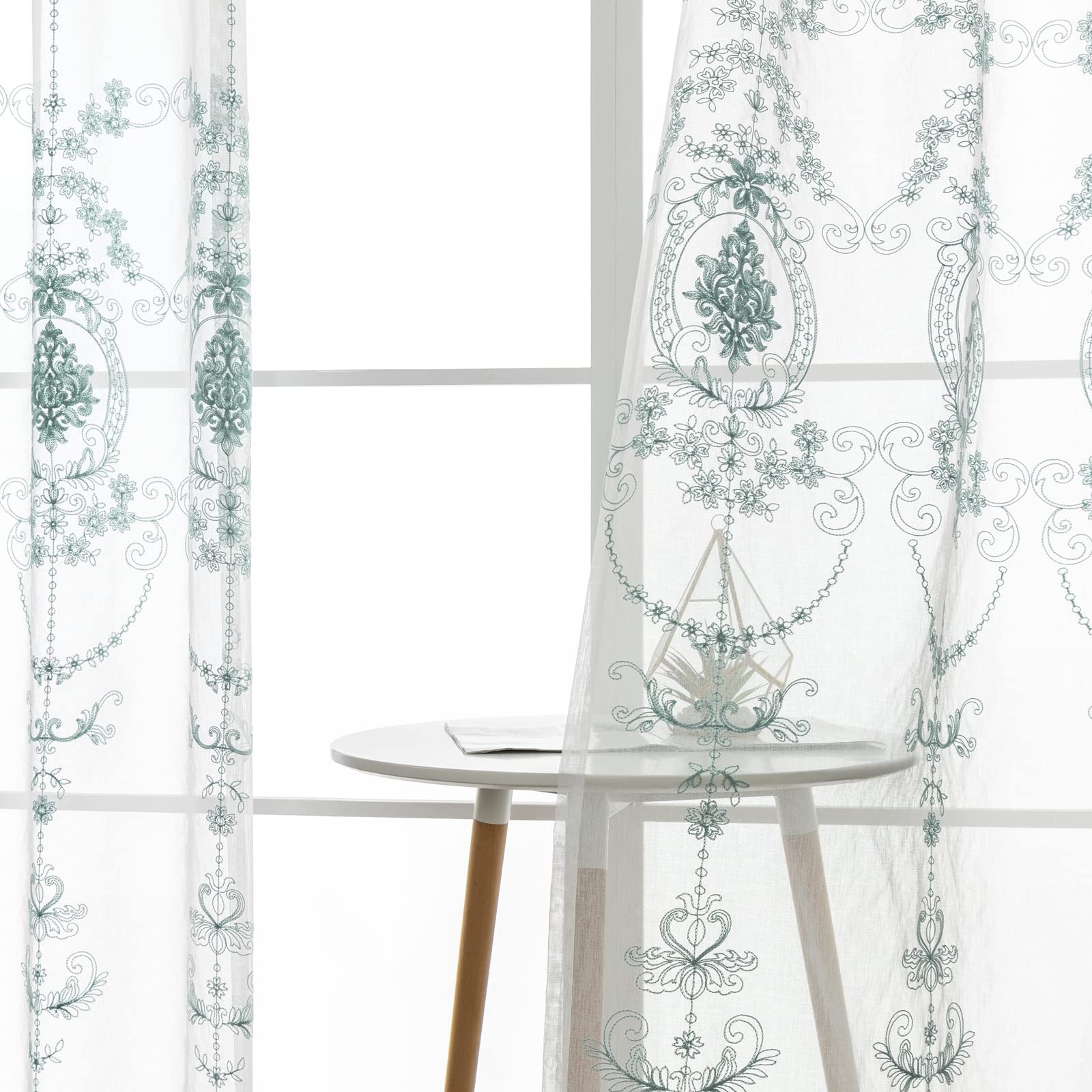 Daesar Doppie Tende Soggiorno, Tenda Voile in Lino con Anelli Tende per Stanzetta e Salotto Motivo Fiori Vintage Ricamata Blu Verde 107x115CM