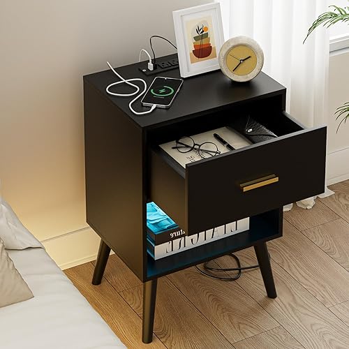 Miniatura 6 de Aobafuir Mesita de noche con estación de carga y luces LED, mesa auxiliar pequeña, mesita de noche con cajón, mesita de noche moderna, mesa auxiliar