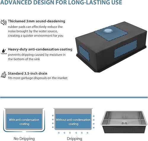 Miniatura 4 de Fregadero de cocina de 33 x 19 pulgadas, fregadero profundo de acero inoxidable de calibre 16 bajo encimera, con esquinas redondas R10