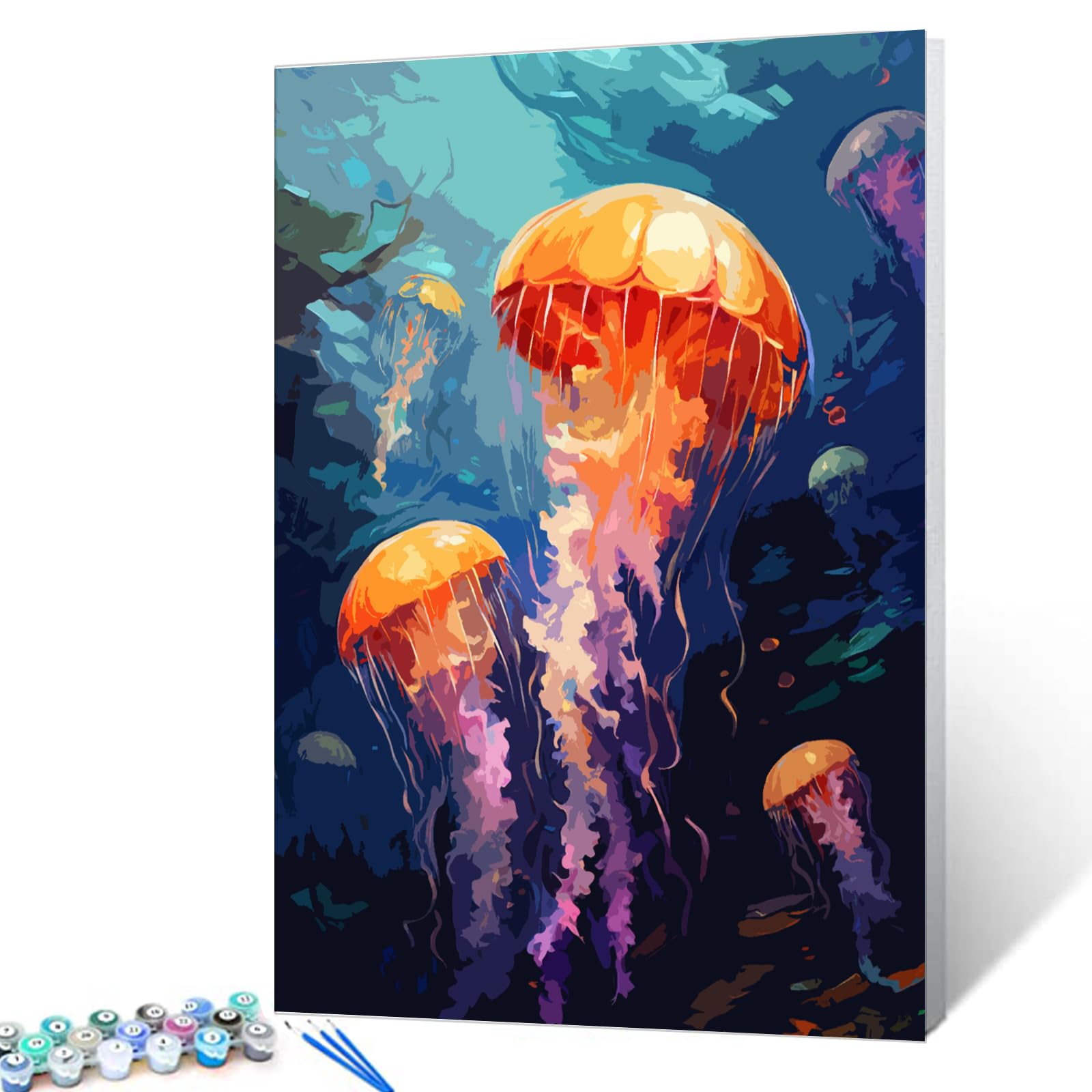 Tucocoo Jellyfish Paint by Numbers Kits with Brushes and Acrylic Pigment on Canvas Painting for Adults, Ocean Scenery Abstract Hand-Painted Arts Crafts Project for Home Decor 16''x20'' (DIY Framed)