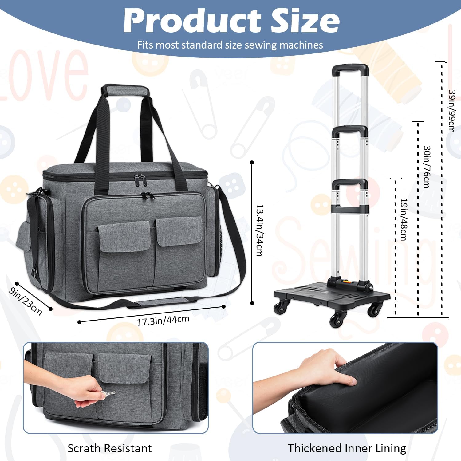 Sewing Machine Case with Wheels, Rolling Sewing Machine Tote Bag image 3