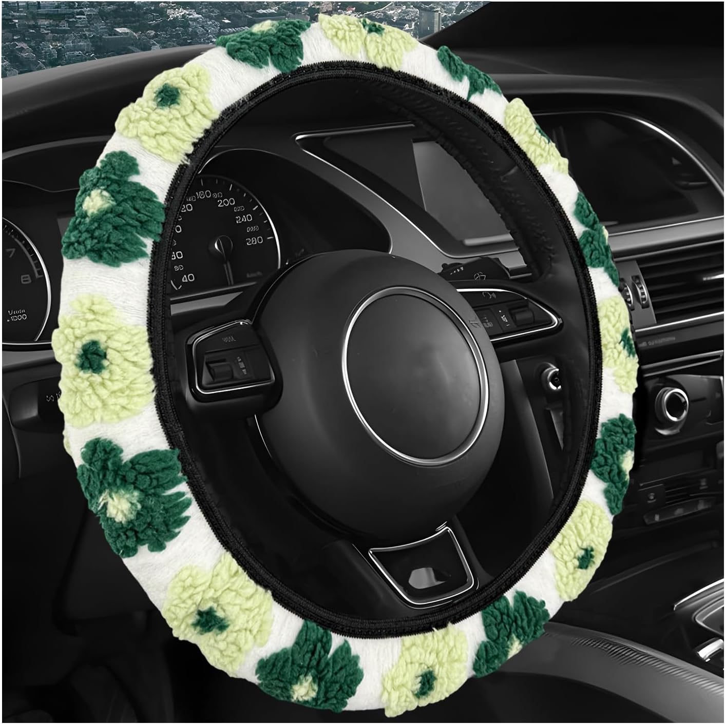 Plush Flowers Steering Wheel Cover, 15 Inch Anti-Slip Auto Steering Wheel Protector Fluffy Floral Decor, Universal Soft Breathable Wheel Cover Warm Wrap for Cars Trucks SUVs (Black Green)