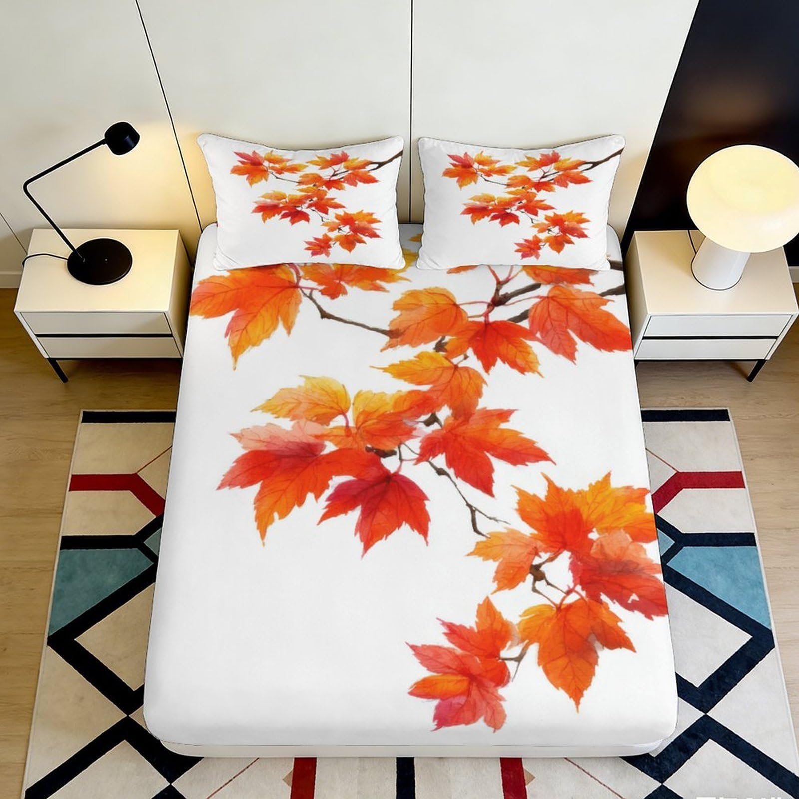 3D Printed Autumn Leaves Fitted Sheet Microfiber Soft Durable Orange Maple Bed Cover for Bedroom Dormitory Guest Room Mattress Protection 160x200x25cm